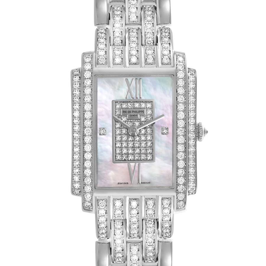 The Patek Philippe Gondolo watch is shown from the front, highlighting its rectangular face and diamond details on the band.