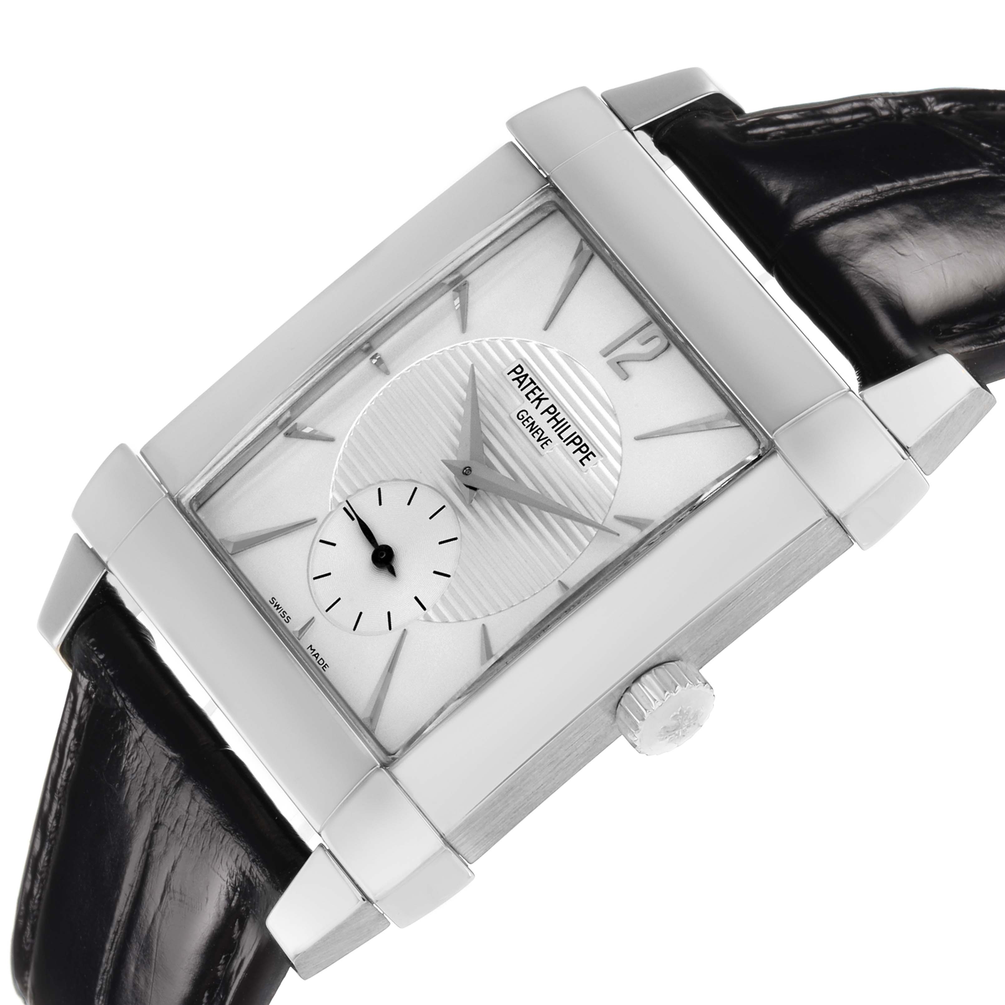 The Patek Philippe Gondolo 5111G-001 Men
s White Gold Silver Dial watch is shown at an angle highlighting its rectangular face, crown, and black leather strap.