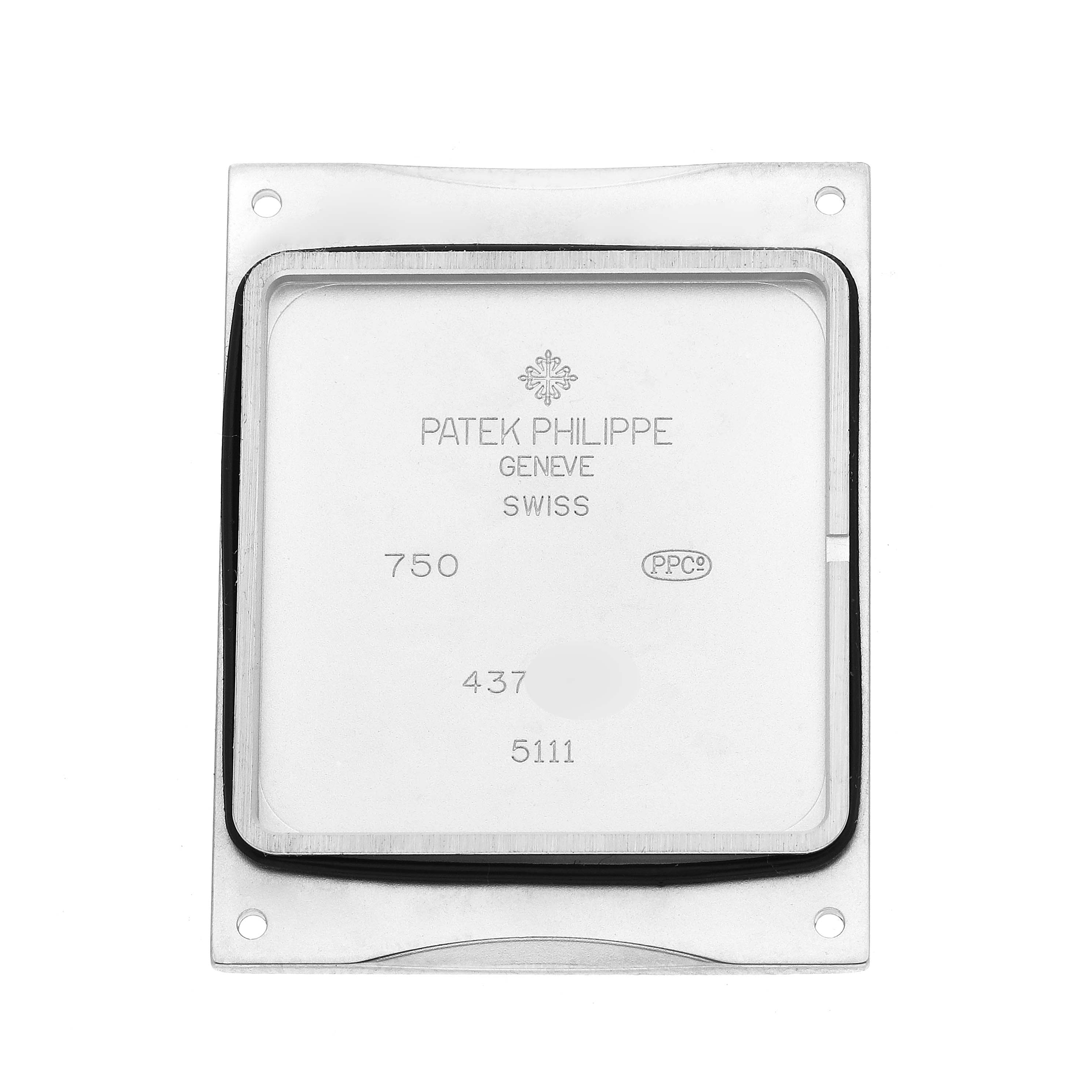 The image shows a top view of the case back for a Patek Philippe Gondolo 5111G-001 Men
s White Gold Silver Dial watch, featuring engravings and a gasket.