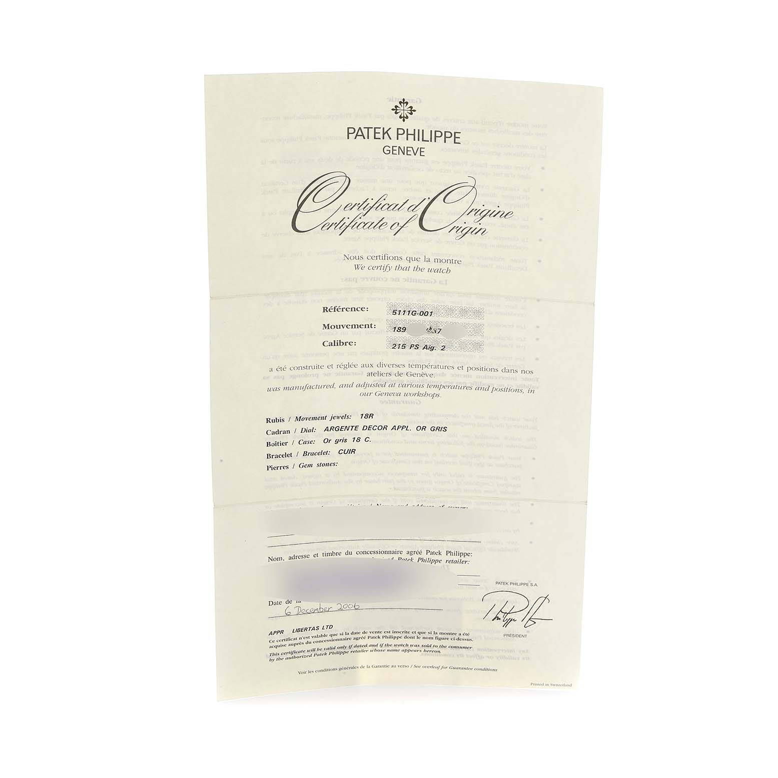 The image shows a certificate of origin for the Patek Philippe Gondolo 5111G-001 Men
s White Gold Silver Dial watch.