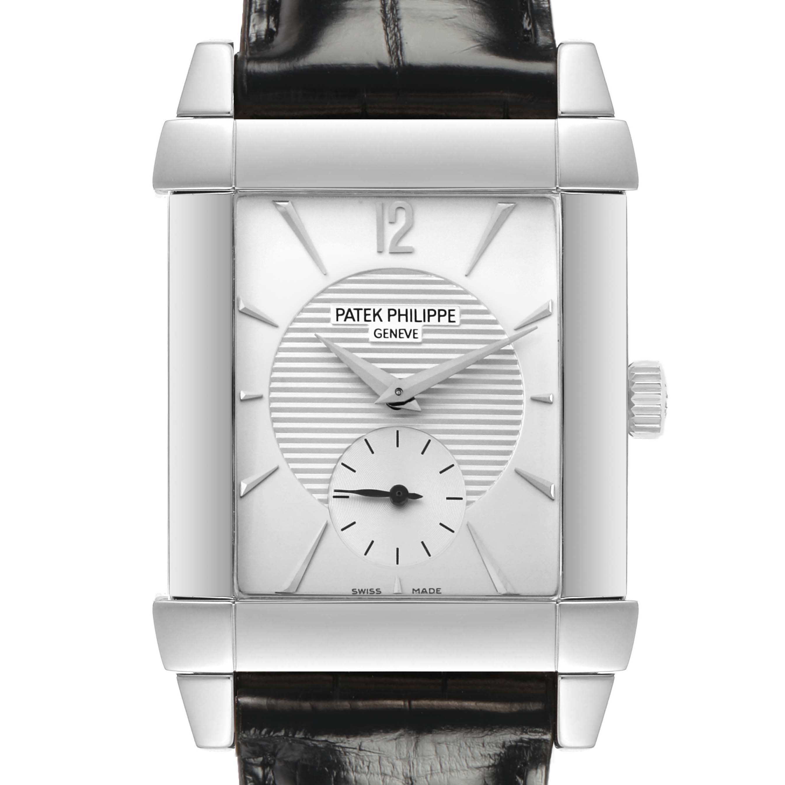 The Patek Philippe Gondolo 5111G-001 Men
s White Gold Silver Dial watch is shown front-facing, highlighting its dial, rectangular case, and crown.