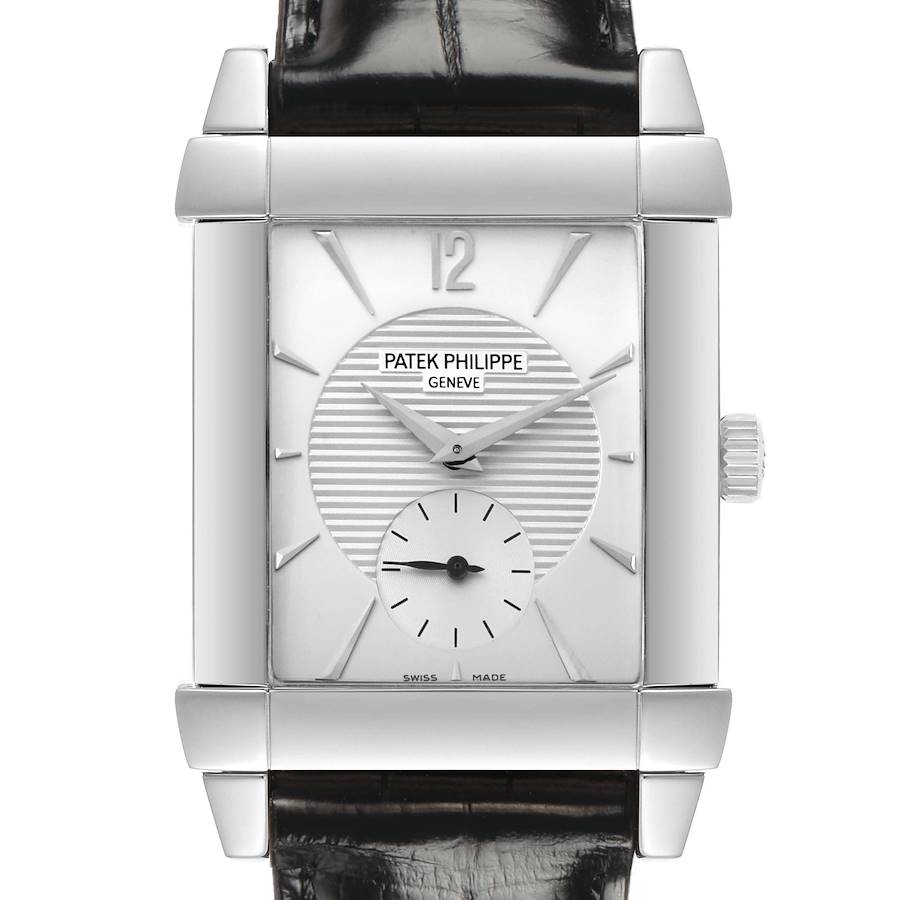 The Patek Philippe Gondolo 5111G-001 Men's White Gold Silver Dial watch is shown front-facing, highlighting its dial, rectangular case, and crown.