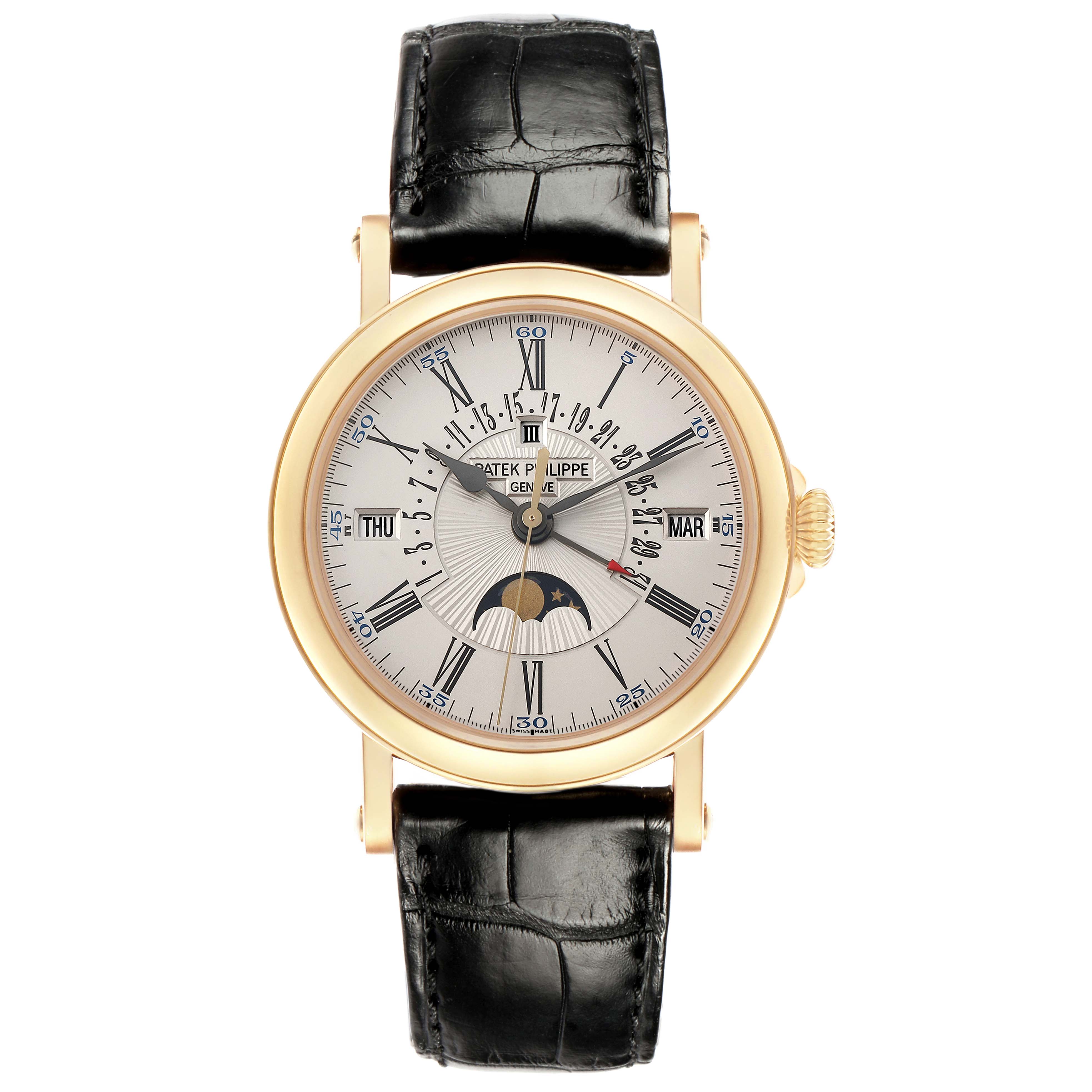 The Patek Philippe Complications 5159J-001 Men
s Yellow Gold Silver Dial watch is shown from a front view, featuring its face, hands, and black leather strap.