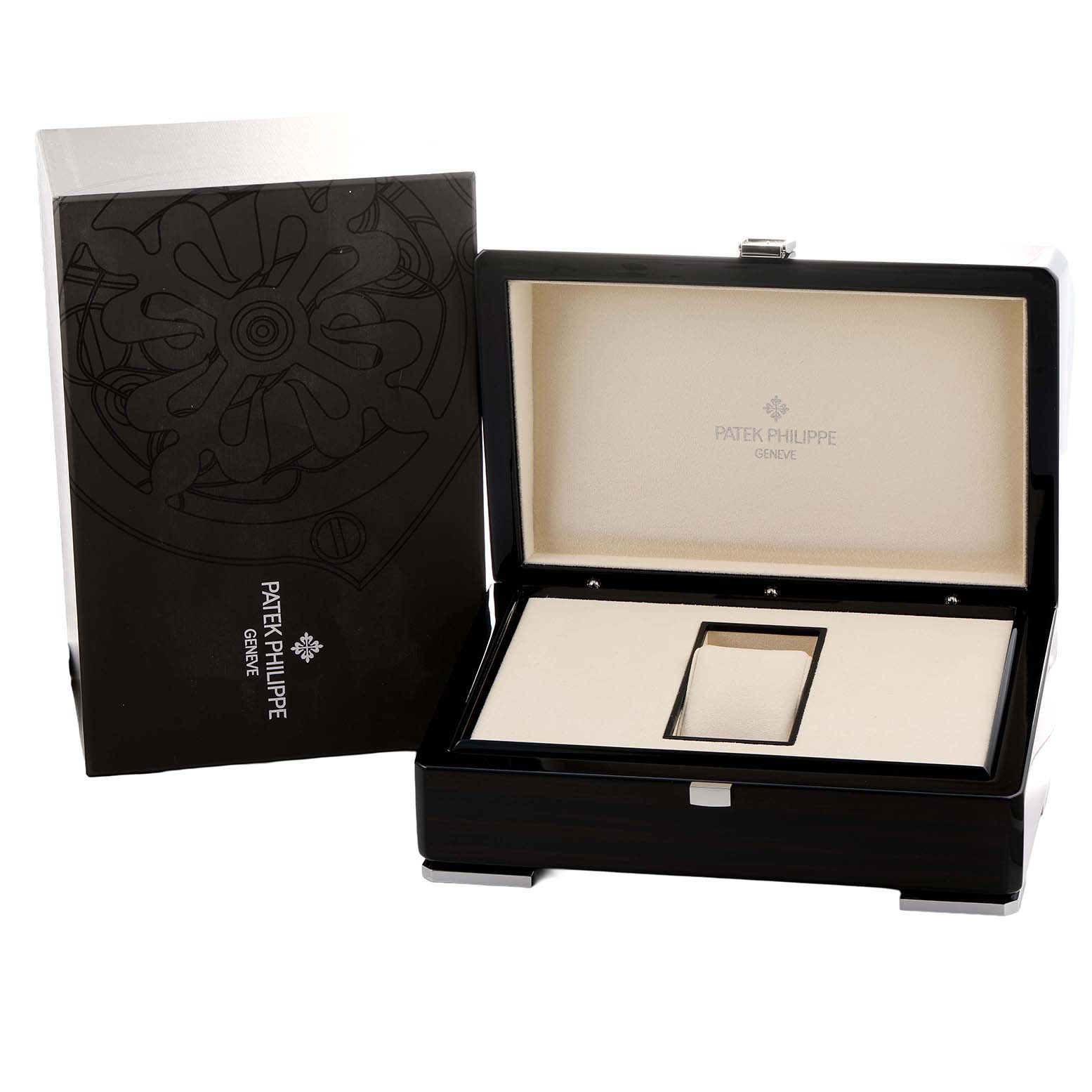 The image shows the open box of a Patek Philippe Complications 5159J-001 Men
s Yellow Gold Silver Dial watch, displaying its interior and external packaging from a front angle.