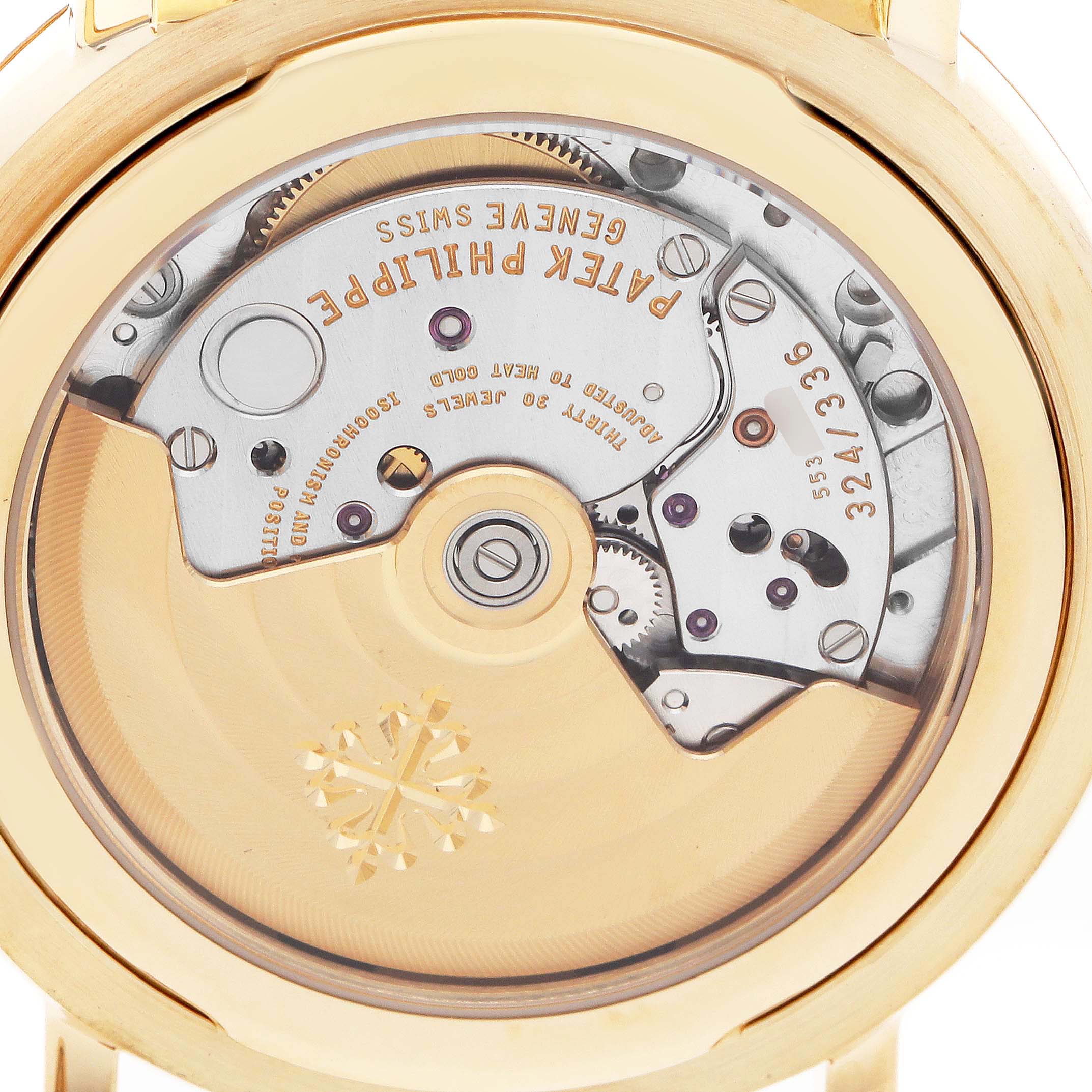 The image shows the back of a Patek Philippe Complications 5159J-001 Men
s Yellow Gold Silver Dial watch, revealing its internal mechanical movement.
