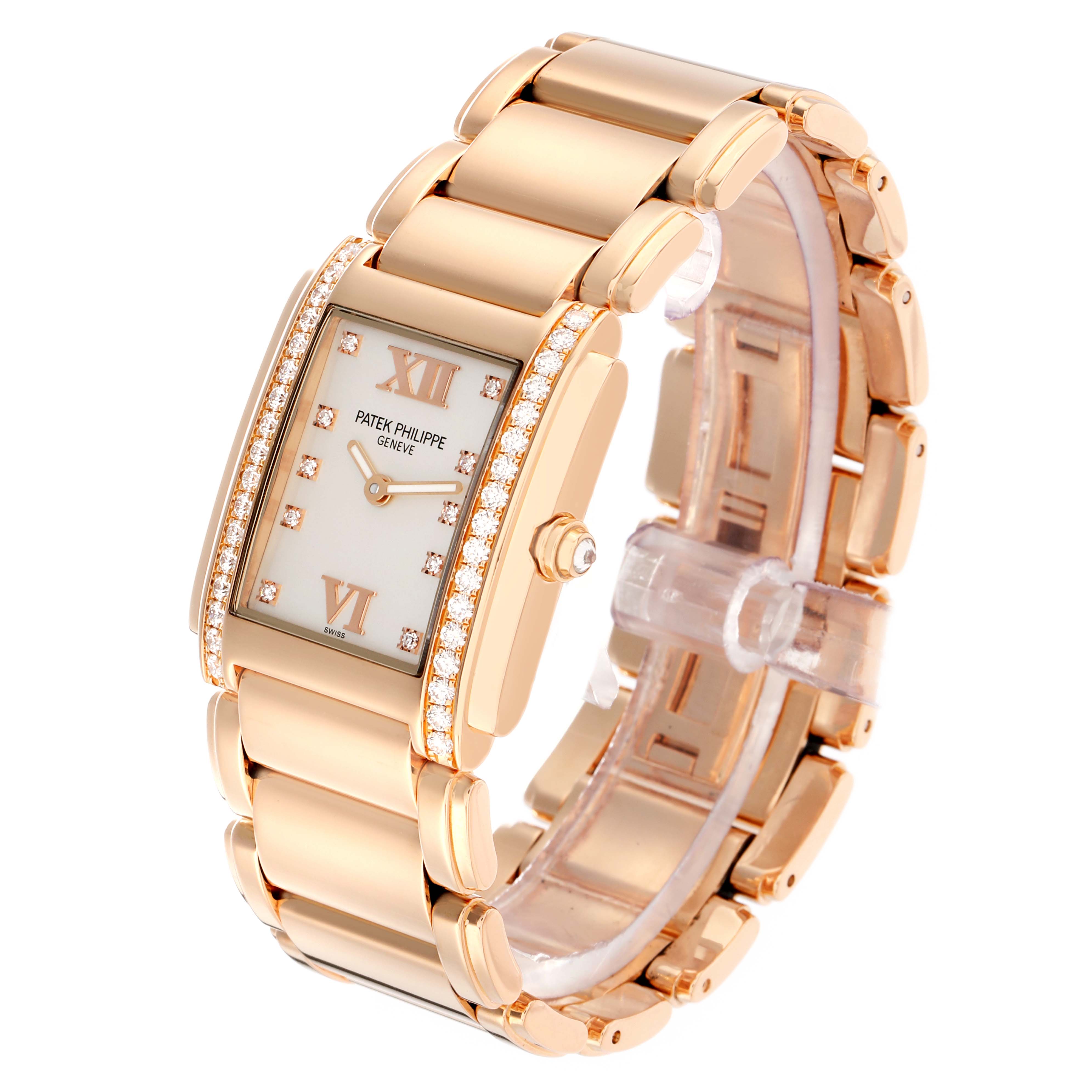 The Patek Philippe Twenty-4 4910/11R-011 Women
s Rose Gold Silver Dial watch is shown at an angled view, highlighting the rectangular case, diamond accents, and bracelet.