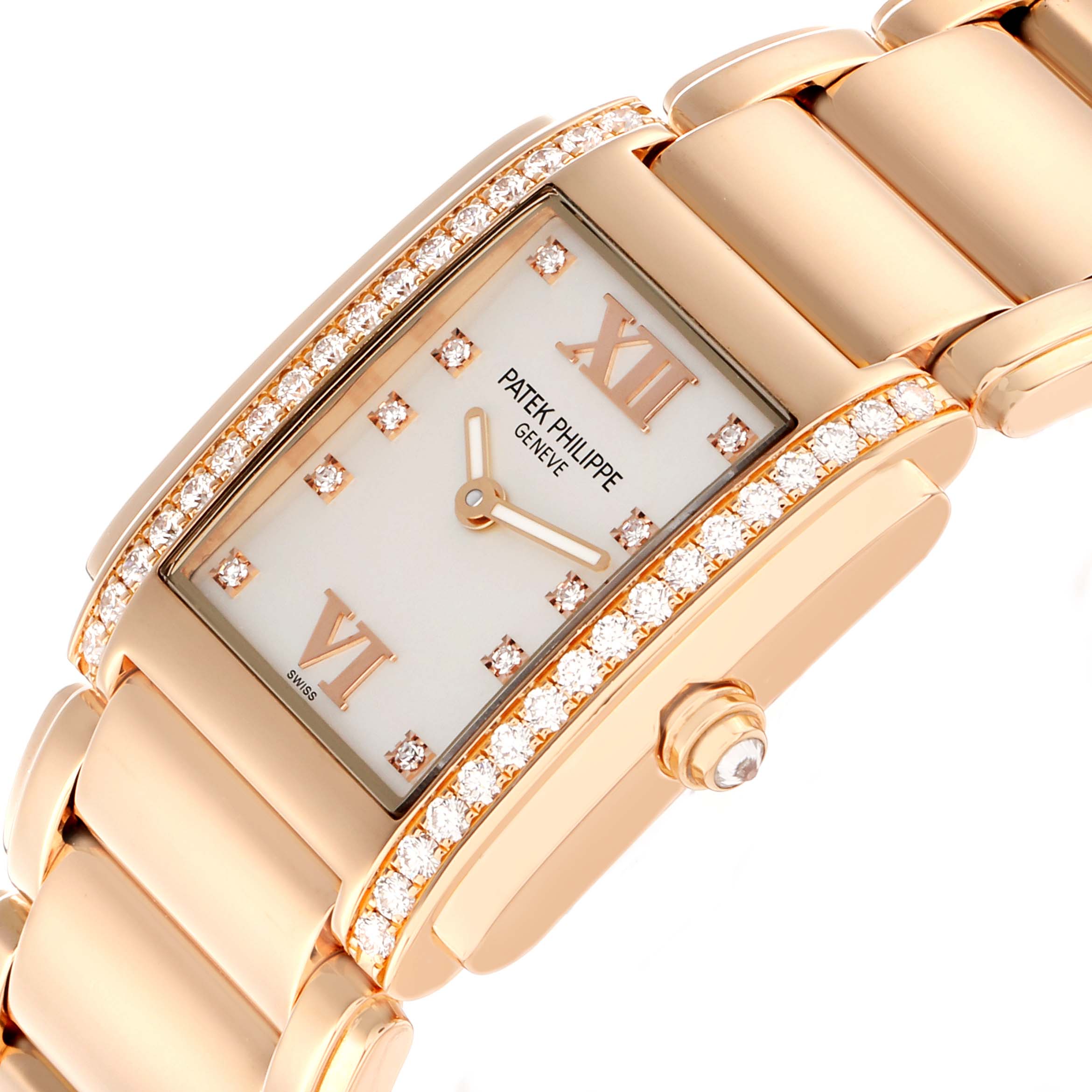 The Patek Philippe Twenty-4 4910/11R-011 Women
s Rose Gold Silver Dial watch is shown at an angled close-up, highlighting the diamond bezel, dial, and bracelet.