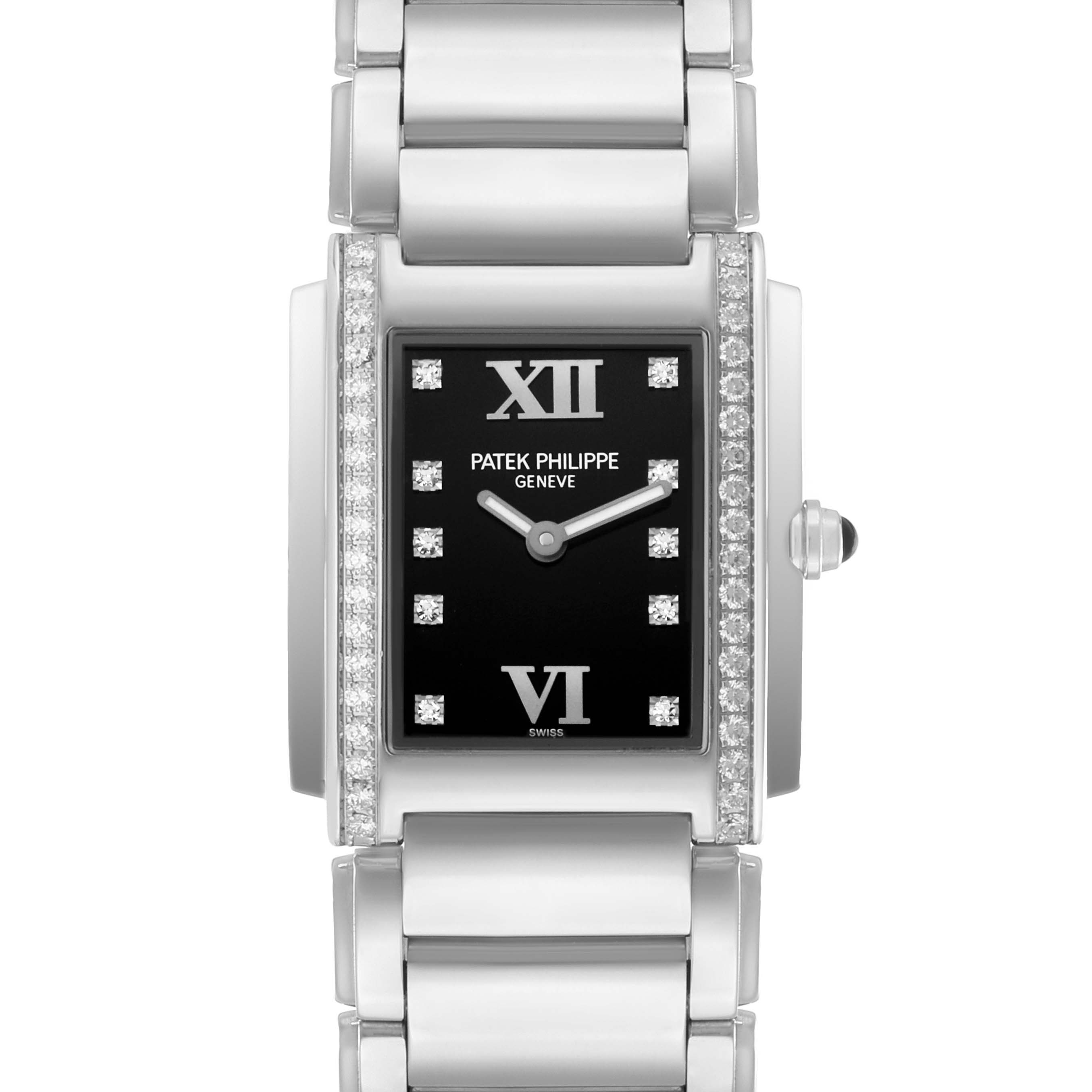 The Patek Philippe Twenty-4 4910A Women's Stainless Steel Black Dial watch is shown from a top-down angle, highlighting the front face, bracelet, and side crown.