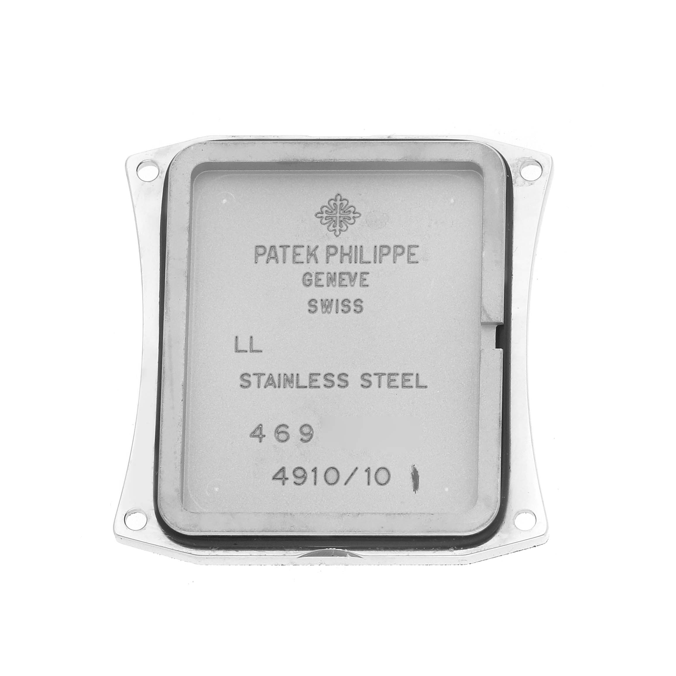 This image shows the stainless steel back casing of a Patek Philippe Twenty-4 4910A Women's Stainless Steel Black Dial watch.