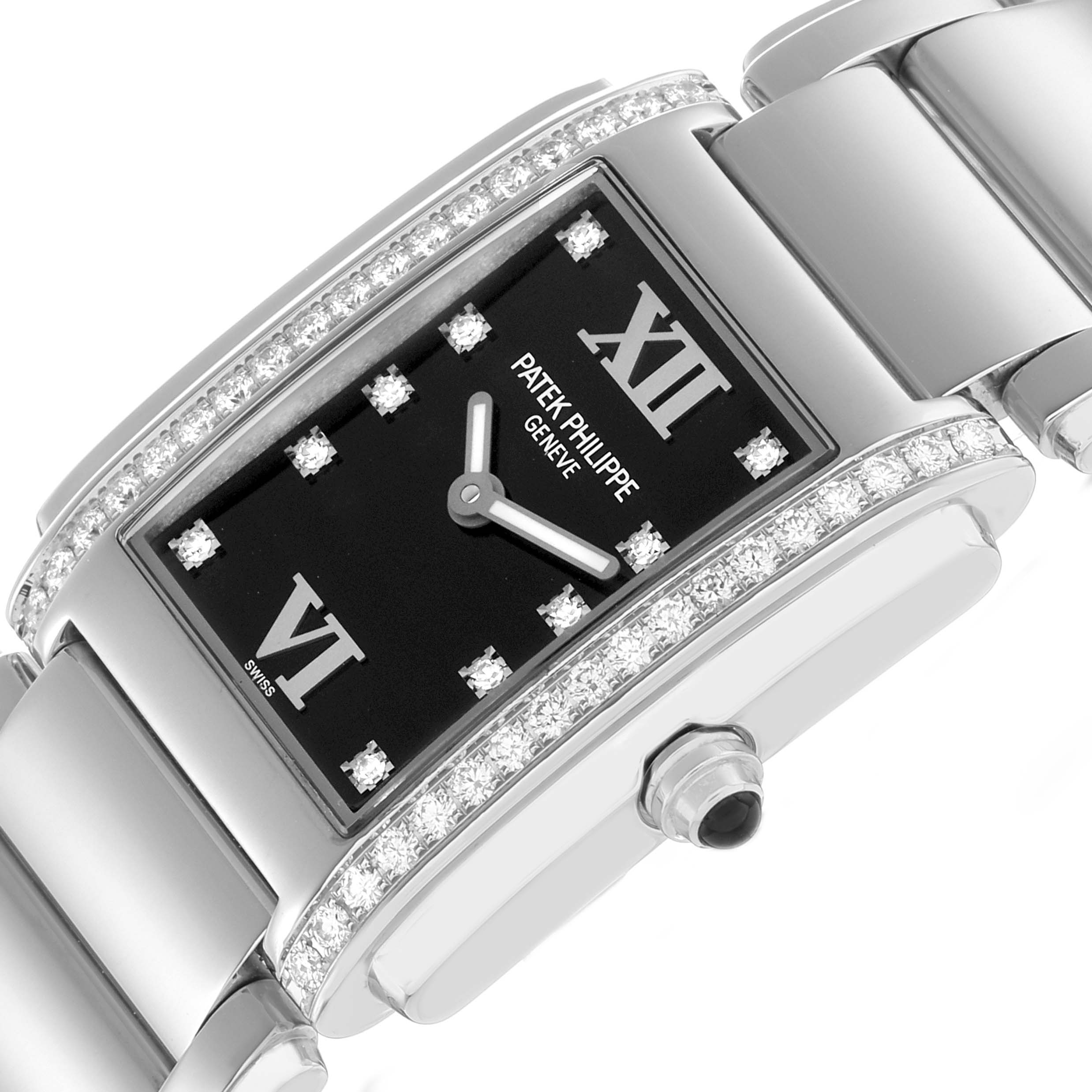 The Patek Philippe Twenty-4 4910A Women's Stainless Steel Black Dial watch is shown at an angle displaying the rectangular face, diamond-set bezel, bracelet, and crown.