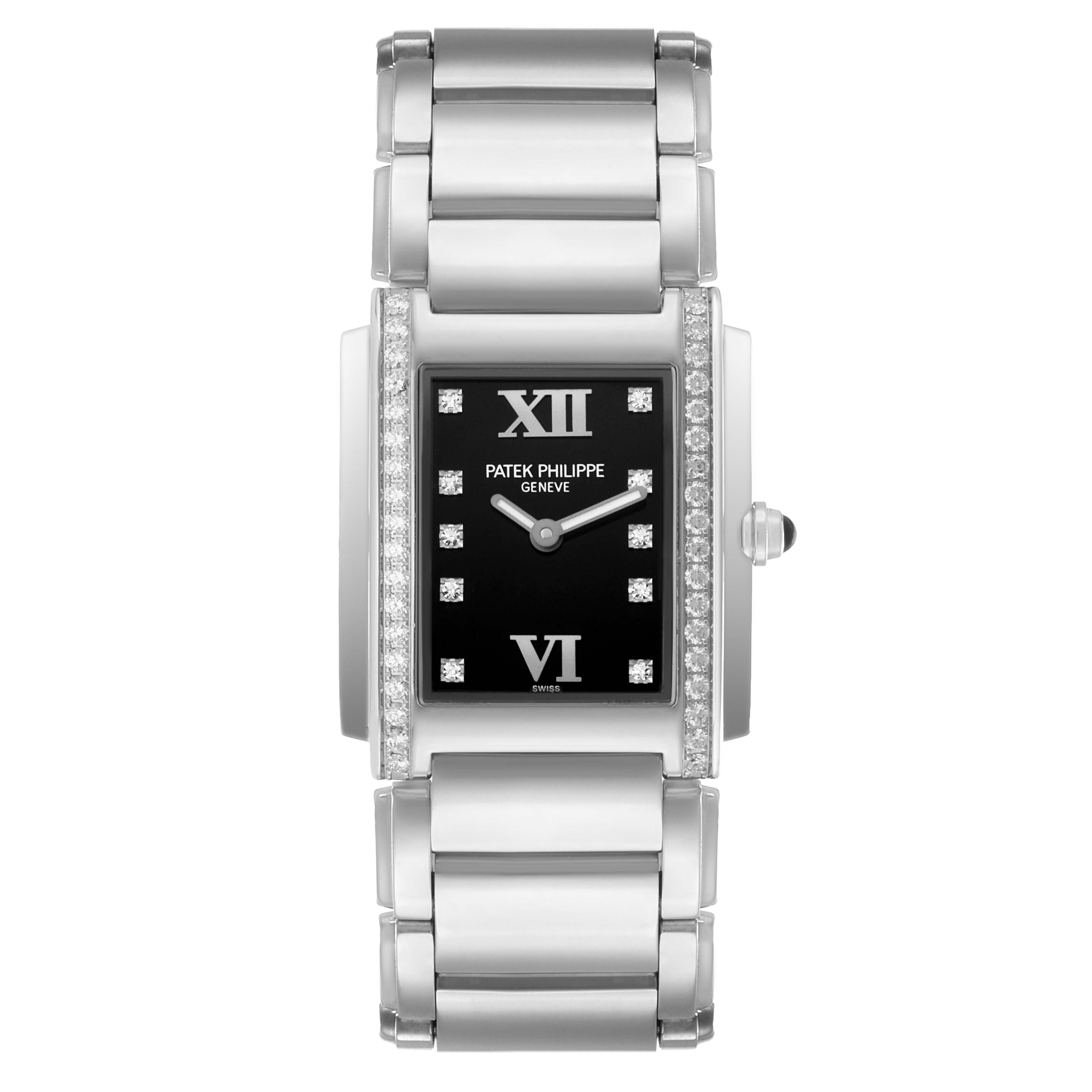 The image shows a front view of a Patek Philippe Twenty-4 4910A Women's Stainless Steel Black Dial watch with a black dial, diamond bezel, and silver bracelet.