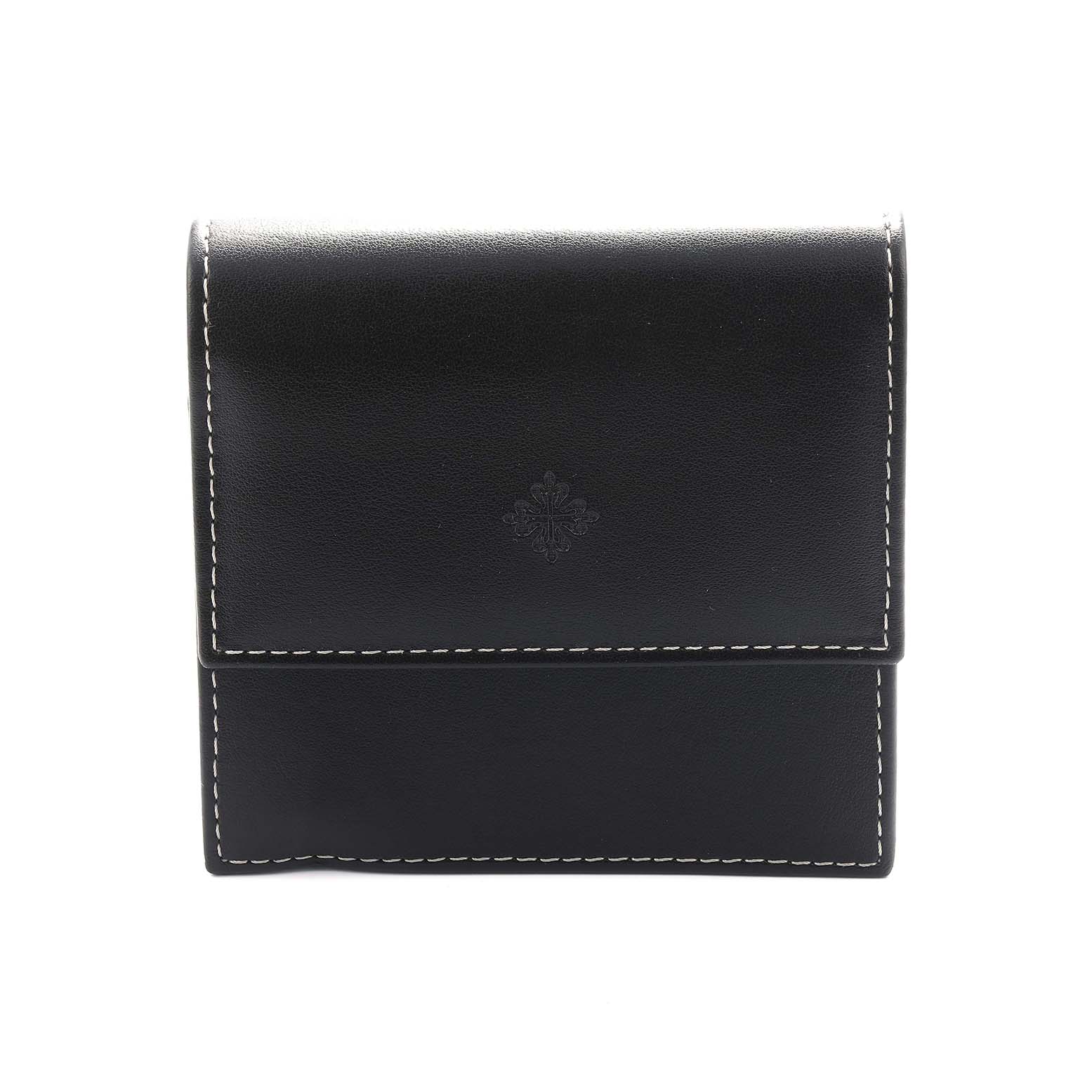 The image shows a black leather pouch with white stitching, likely for a Patek Philippe Twenty-4 4910A Women's Stainless Steel Black Dial watch.