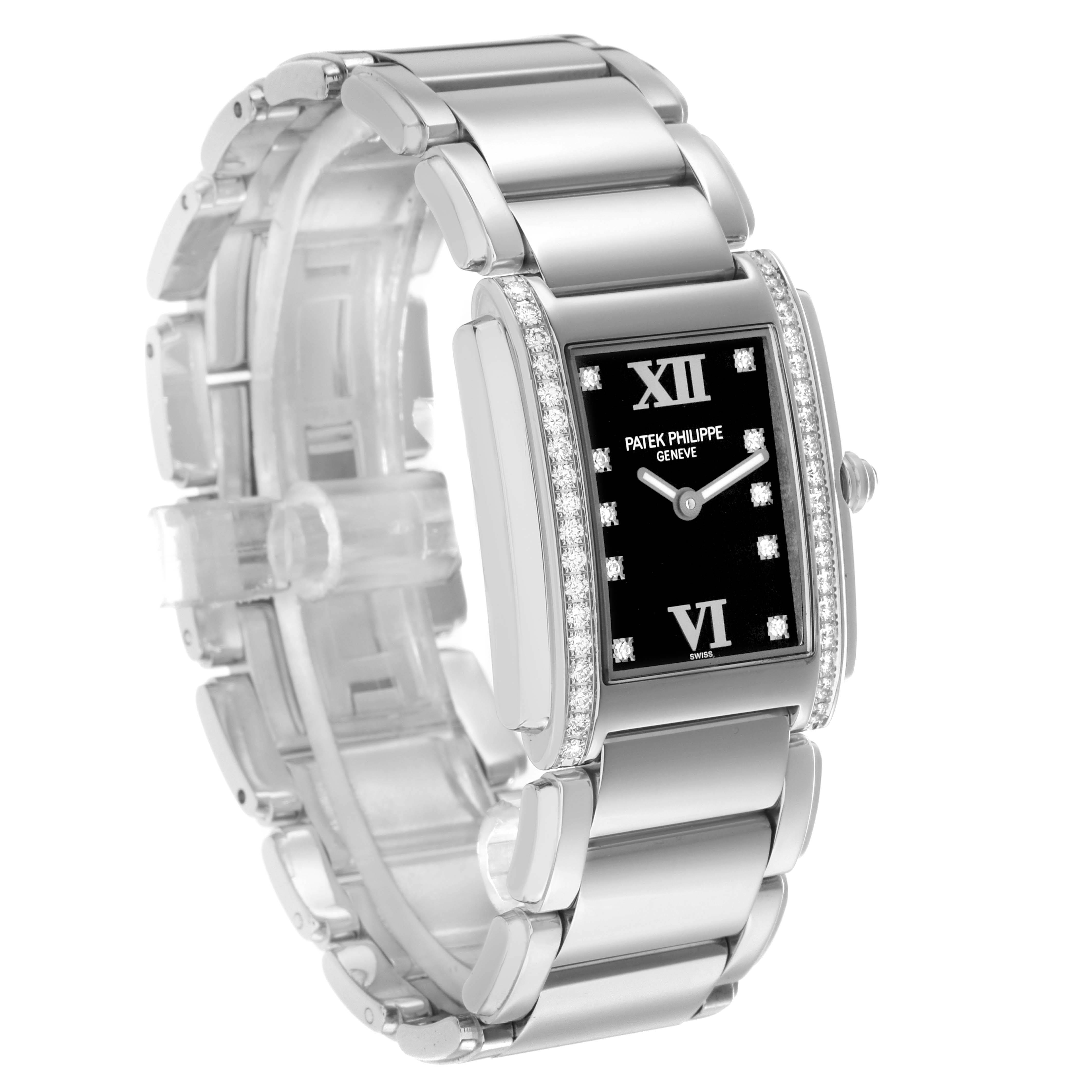 The Patek Philippe Twenty-4 4910A Women's Stainless Steel Black Dial watch is shown at a three-quarter angle, highlighting the dial, bracelet, and side profile with bezel details.