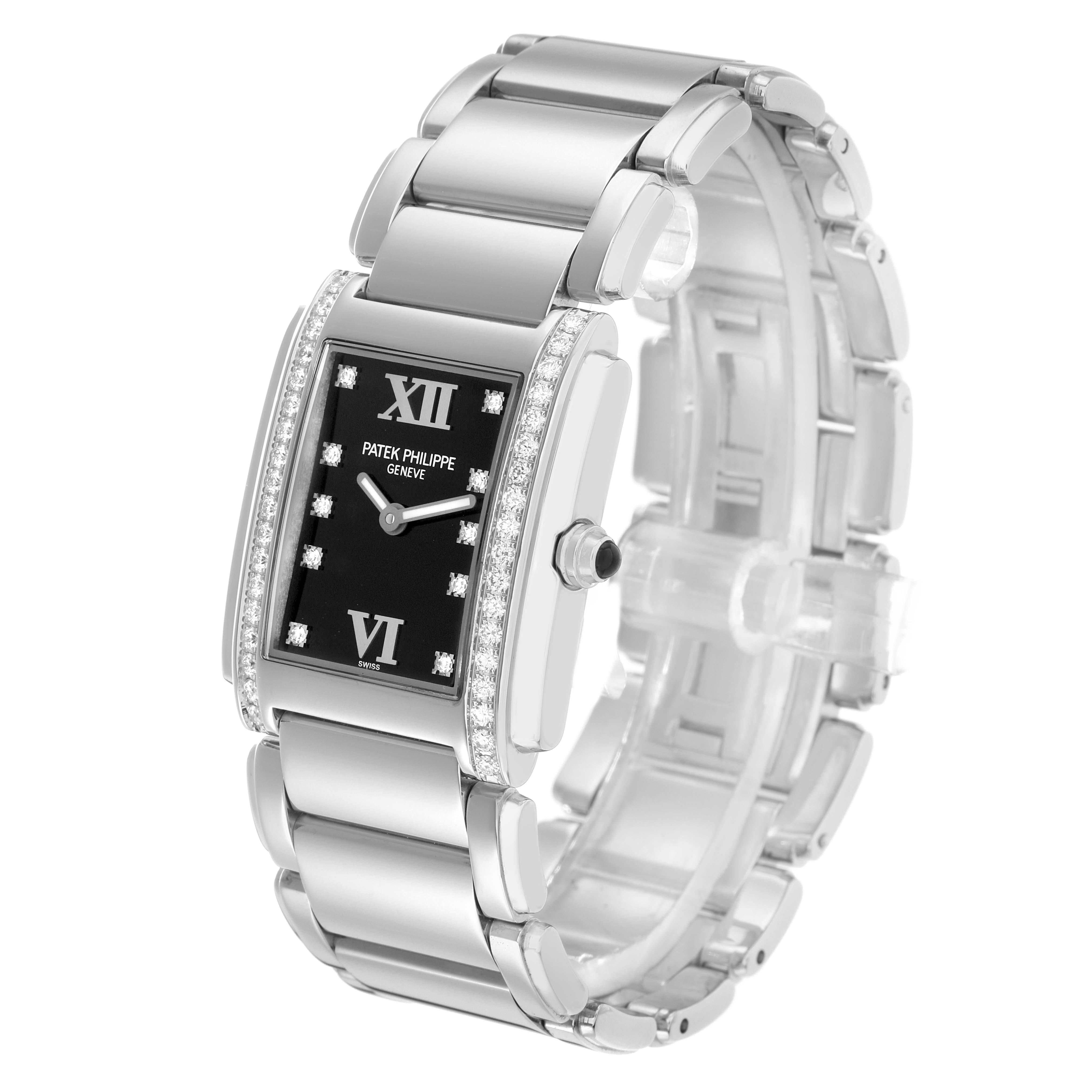 The Patek Philippe Twenty-4 4910A Women's Stainless Steel Black Dial watch is shown at a slight angle, highlighting its case, bracelet, dial, and diamond accents.