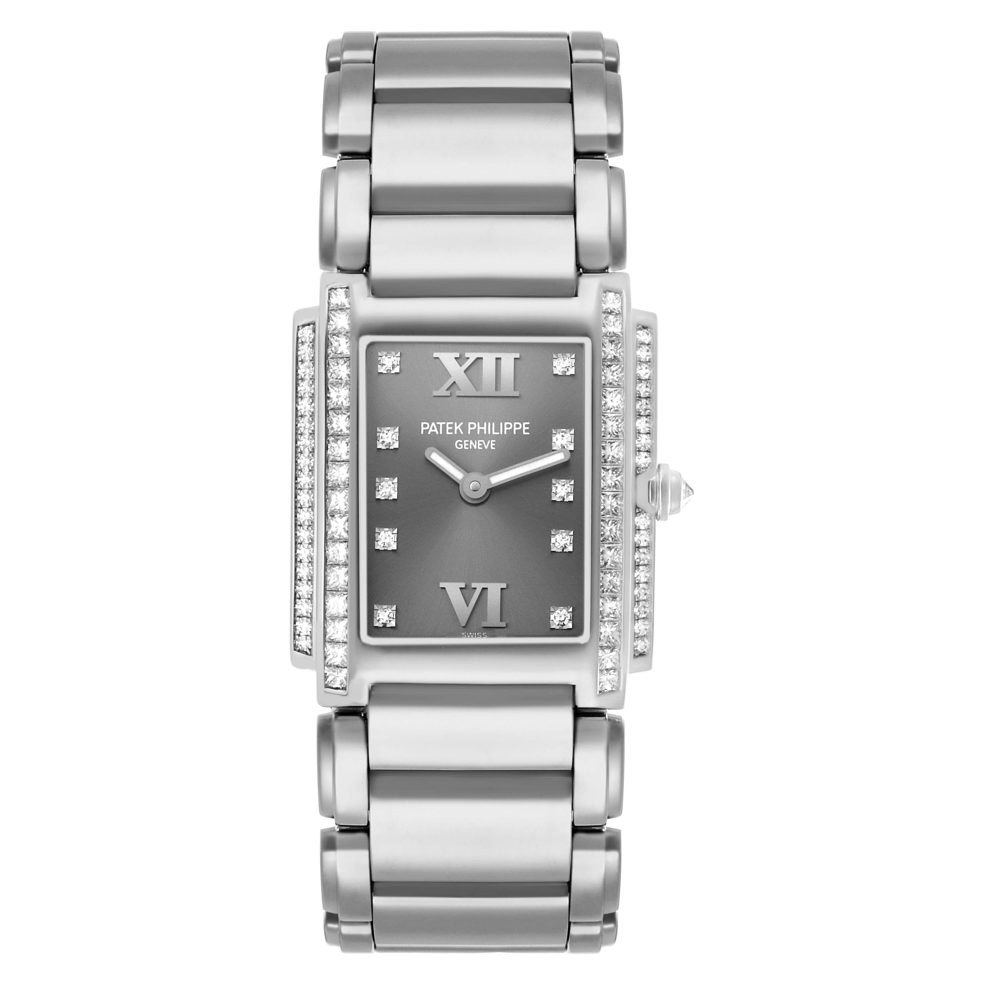 The Patek Philippe Twenty-4 4910/20G-001 Women's White Gold Silver Dial is shown from the front, displaying the face, bezel, and part of the bracelet.