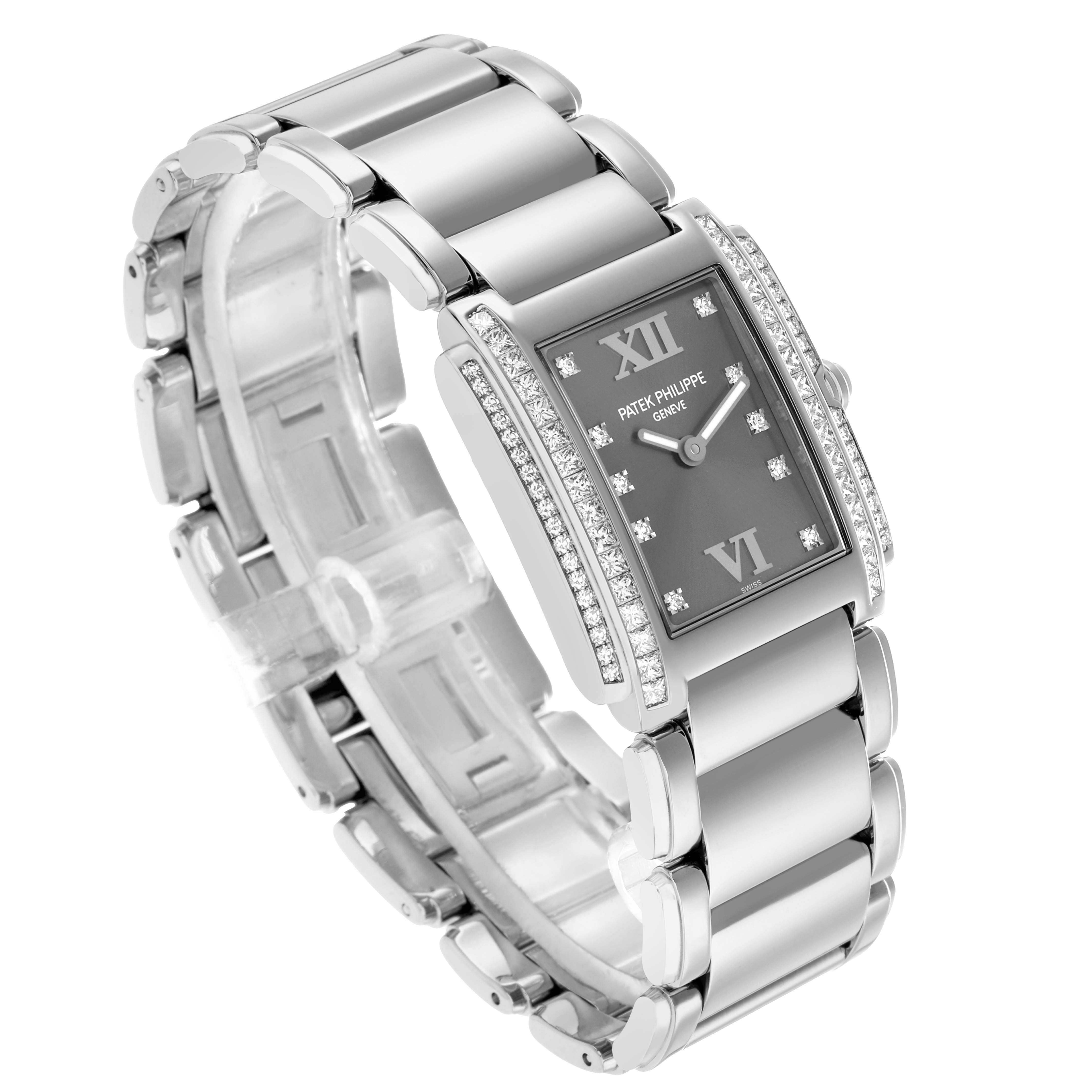 The Patek Philippe Twenty-4 4910/20G-001 Women's White Gold Silver Dial watch is shown from an angled side view, highlighting its bracelet and diamond-accented rectangular dial.