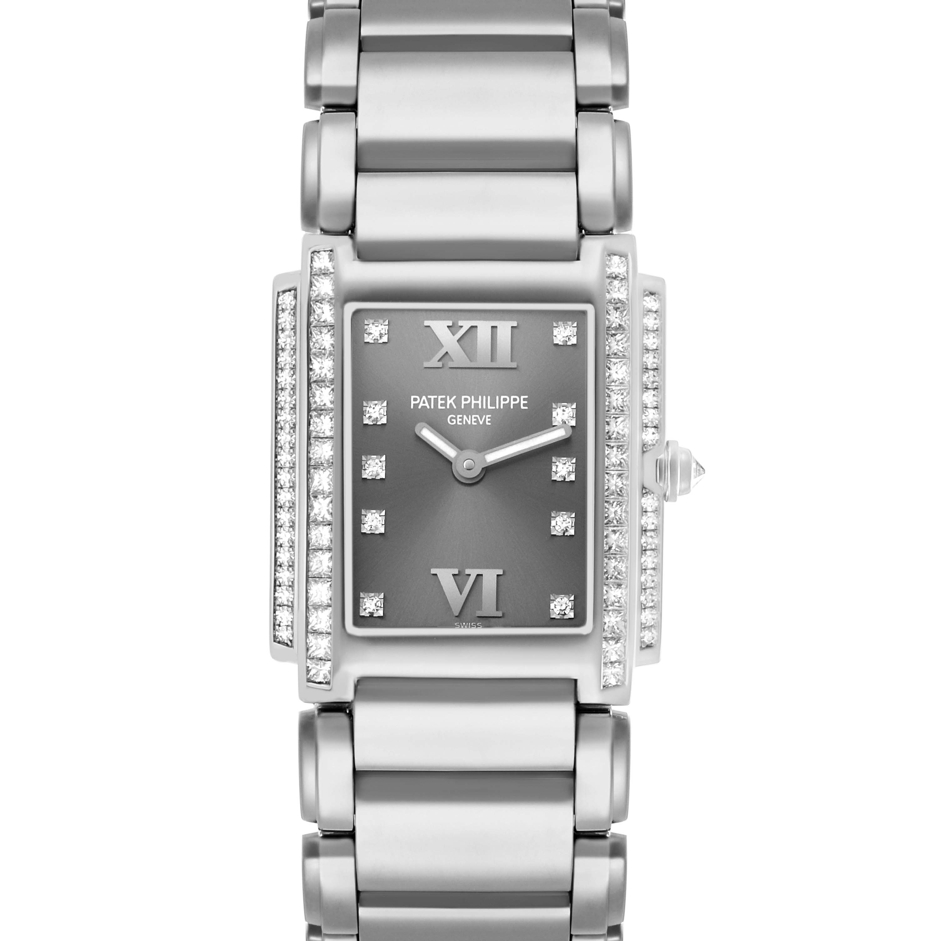 The image shows a front view of the Twenty-4 model by Patek Philippe, displaying the bracelet, rectangular case, and diamond-set bezel.