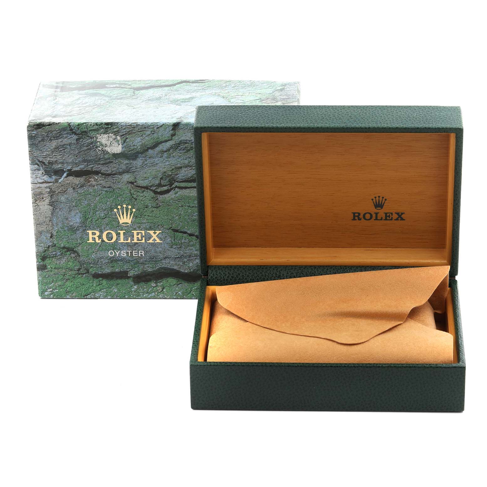 The image shows a Rolex Air-King 14000M Men's Stainless Steel Black Dial 14000M Men's Stainless Steel Black Dial watch box and packaging, with the lid open and a cloth inside.