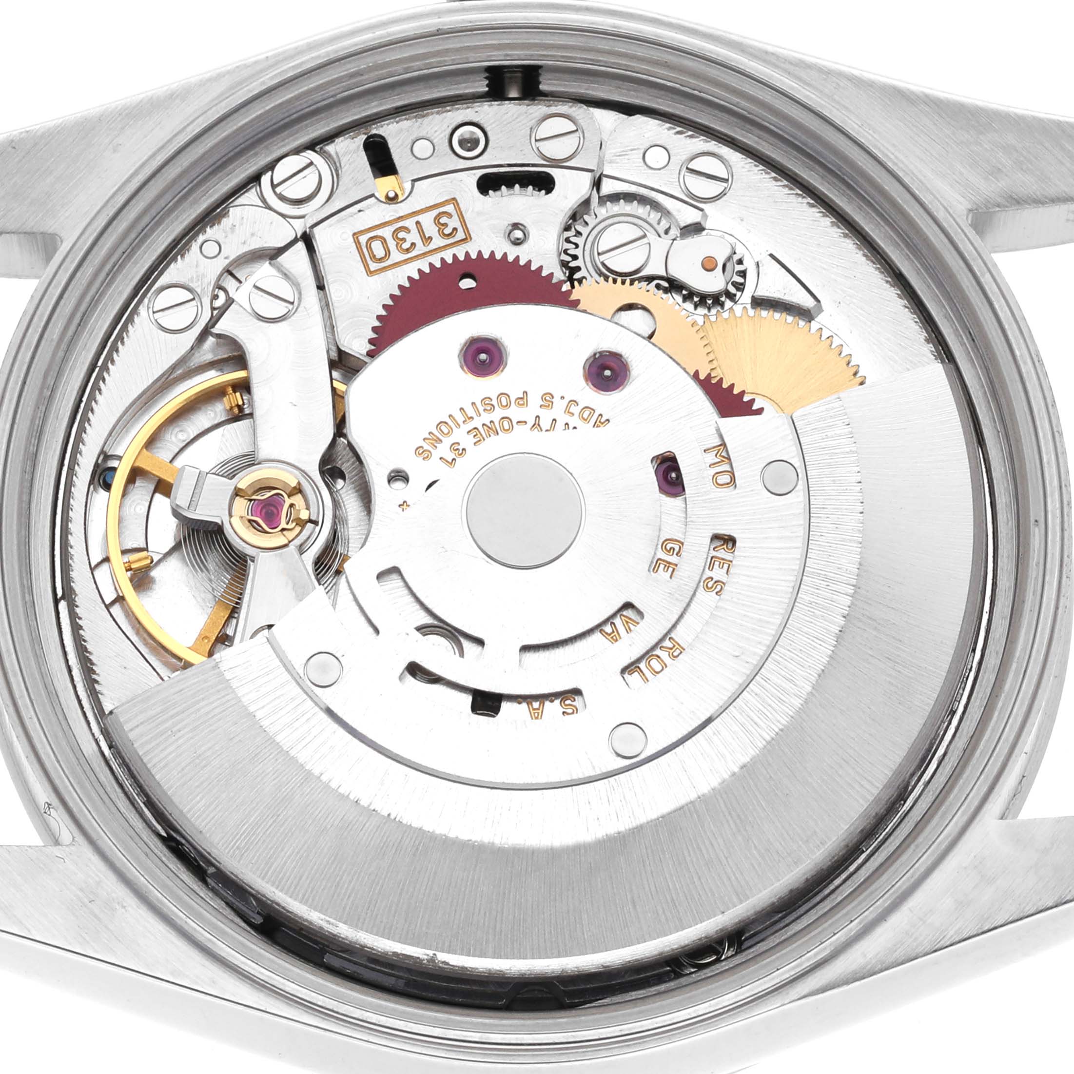 The image shows the movement of a Rolex Air-King 14000M Men's Stainless Steel Black Dial 14000M Men's Stainless Steel Black Dial watch from the back, highlighting gears and mechanisms.