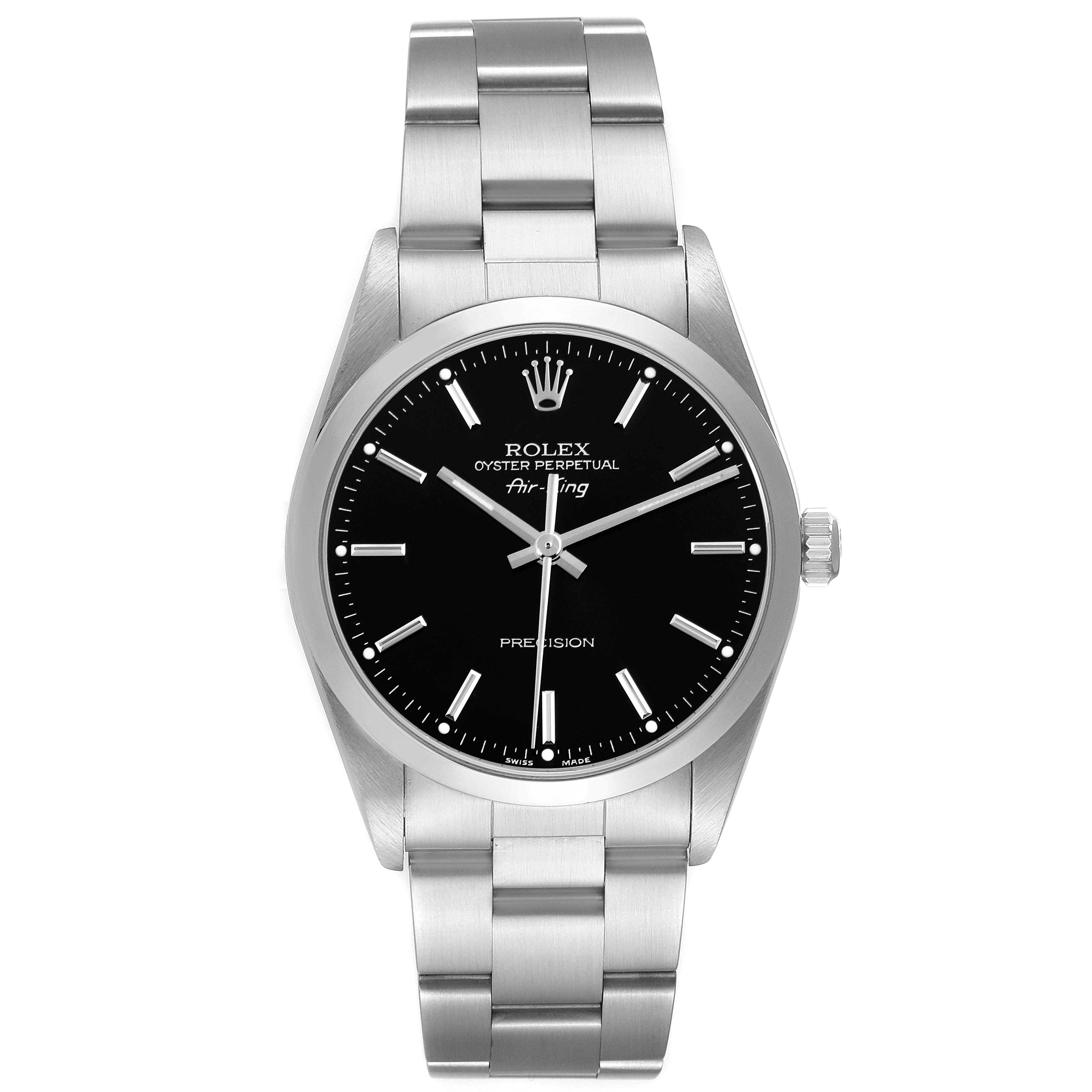 The Rolex Air-King 14000M Men's Stainless Steel Black Dial 14000M Men's Stainless Steel Black Dial watch is shown from a frontal angle, displaying its face, bezel, case, and bracelet clearly.