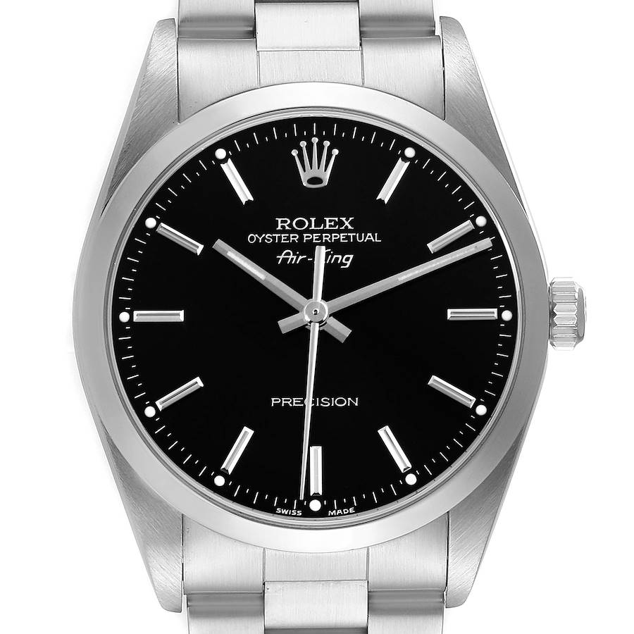 The image shows a frontal view of a Rolex Air-King watch, highlighting the dial, bezel, crown, and bracelet.