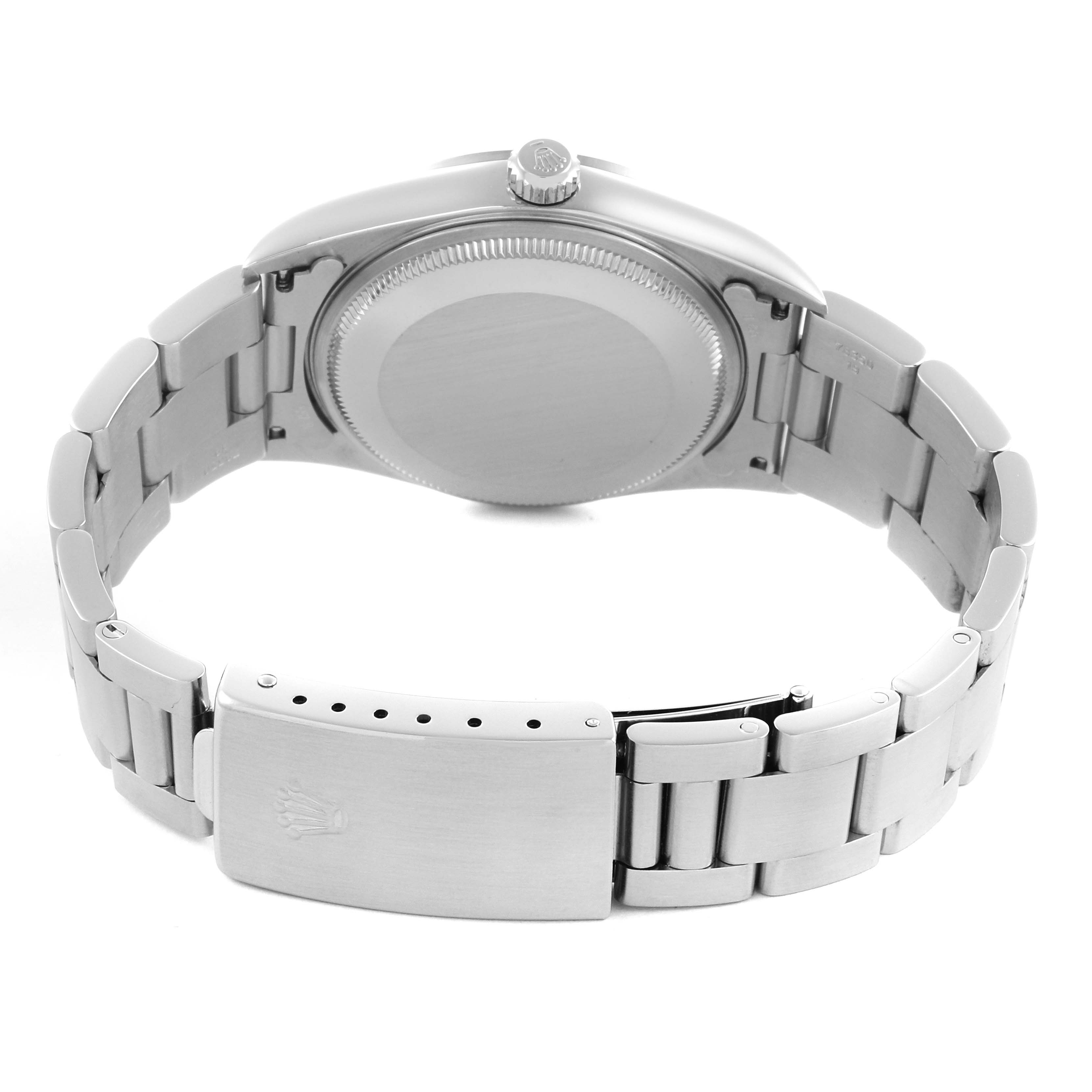 The image shows the back view of a Rolex Air-King 14000M Men's Stainless Steel Black Dial 14000M Men's Stainless Steel Black Dial watch, highlighting the case back and bracelet clasp.