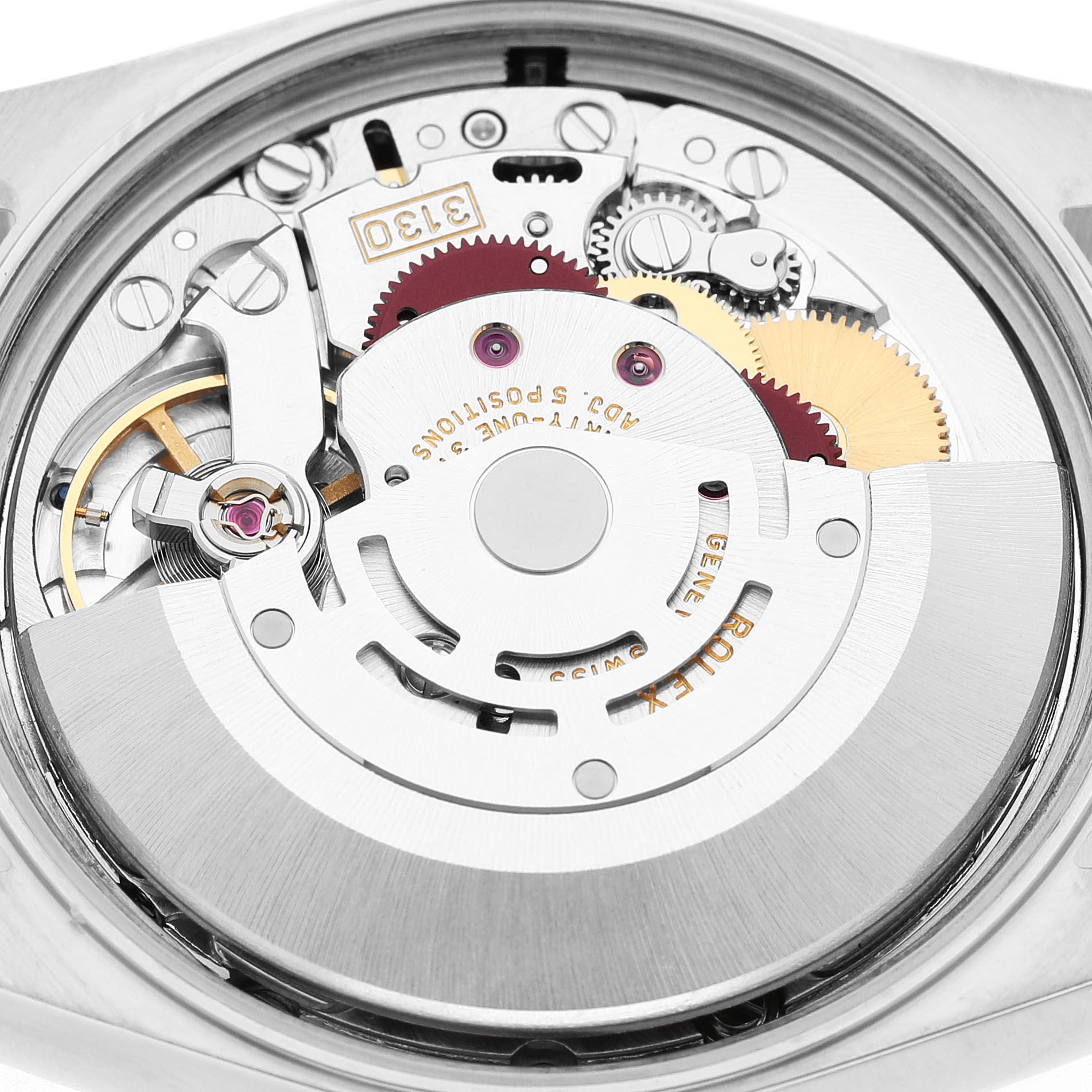 The image shows the Rolex Air-King 14010 Men's Stainless Steel Pink Dial watch movement from the back, highlighting gears and mechanisms.