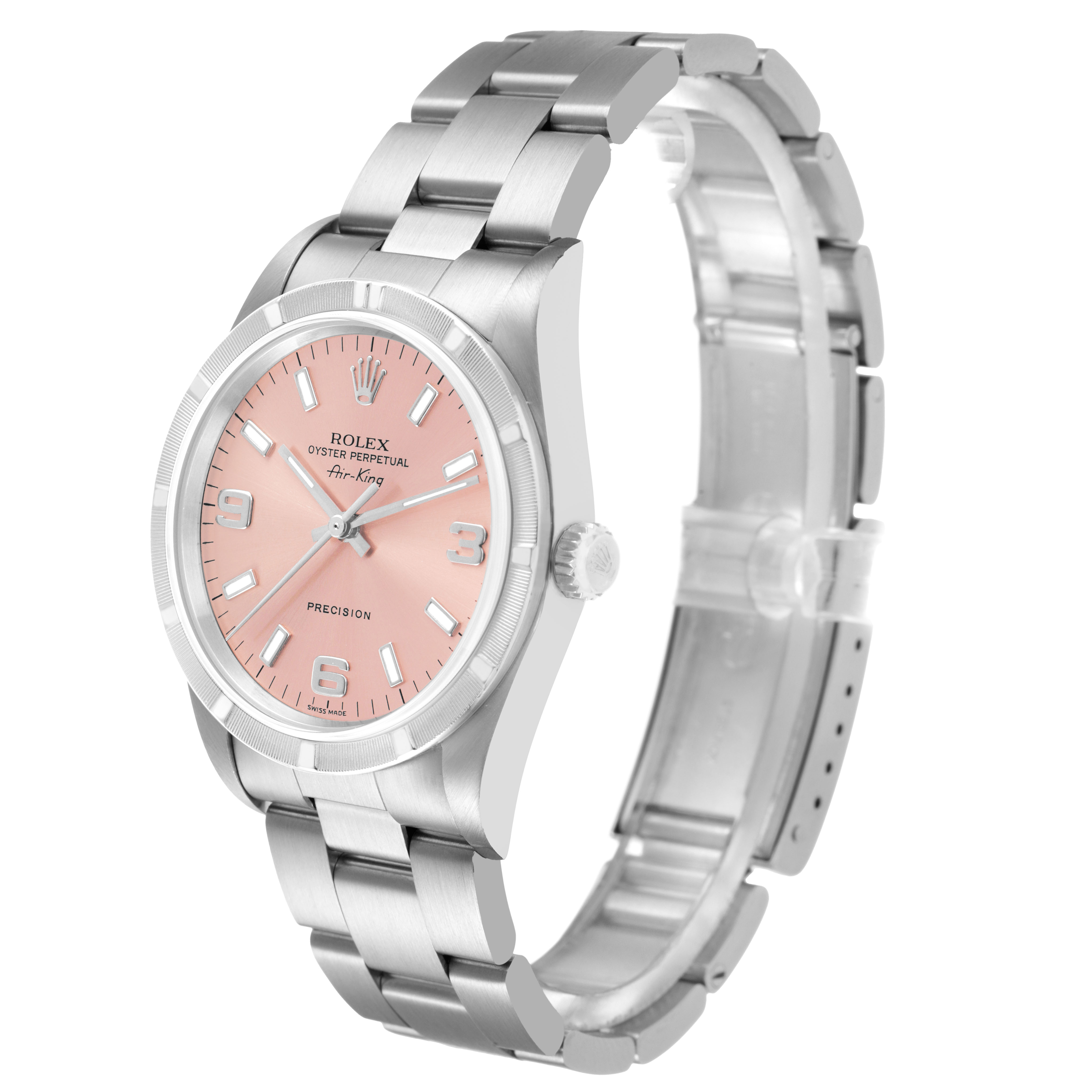 The Rolex Air-King 14010 Men's Stainless Steel Pink Dial watch is shown at a three-quarter angle, displaying the dial, bezel, case, and bracelet.
