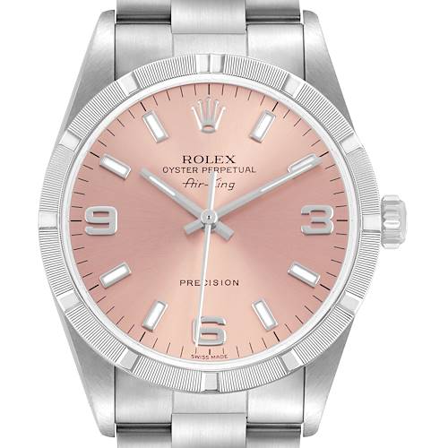 The Rolex Air-King 14010 Men's Stainless Steel Pink Dial watch is shown from the front, displaying the dial, hands, bezel, and bracelet.