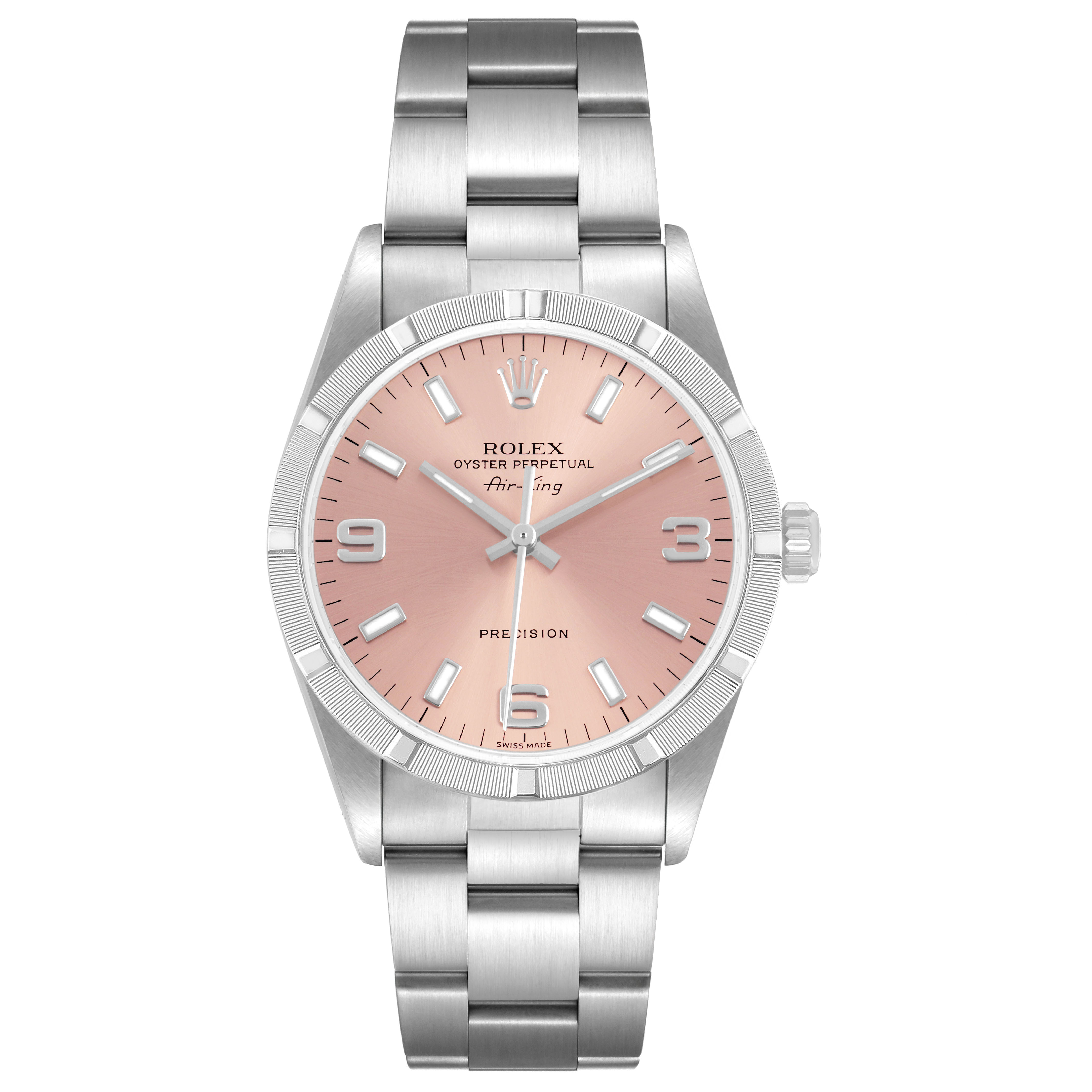 The Rolex Air-King 14010 Men's Stainless Steel Pink Dial watch is shown from a top-down angle, highlighting the face and stainless steel bracelet.