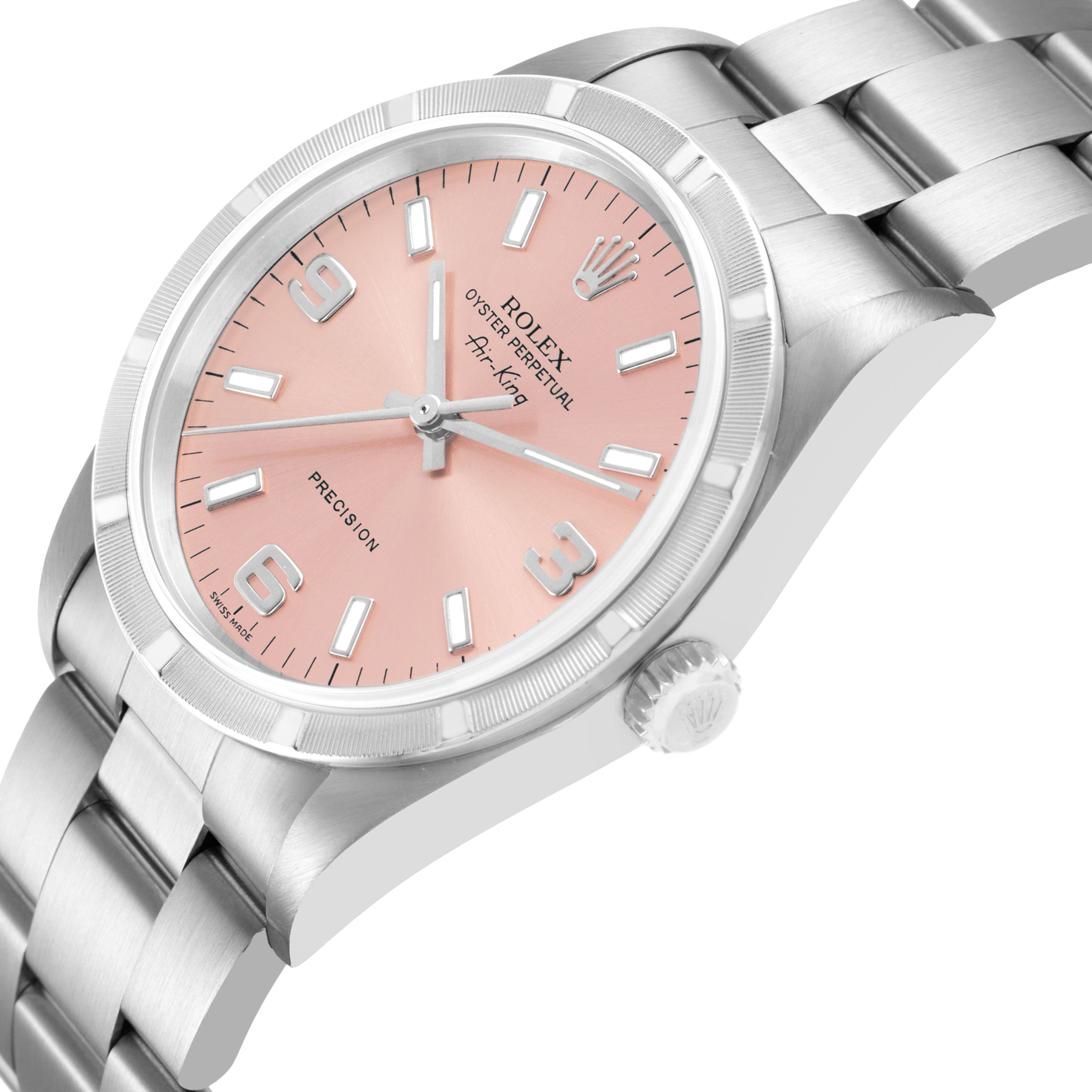 The Rolex Air-King 14010 Men's Stainless Steel Pink Dial watch is shown at a three-quarter angle, highlighting the pink dial, bezel, crown, and bracelet.