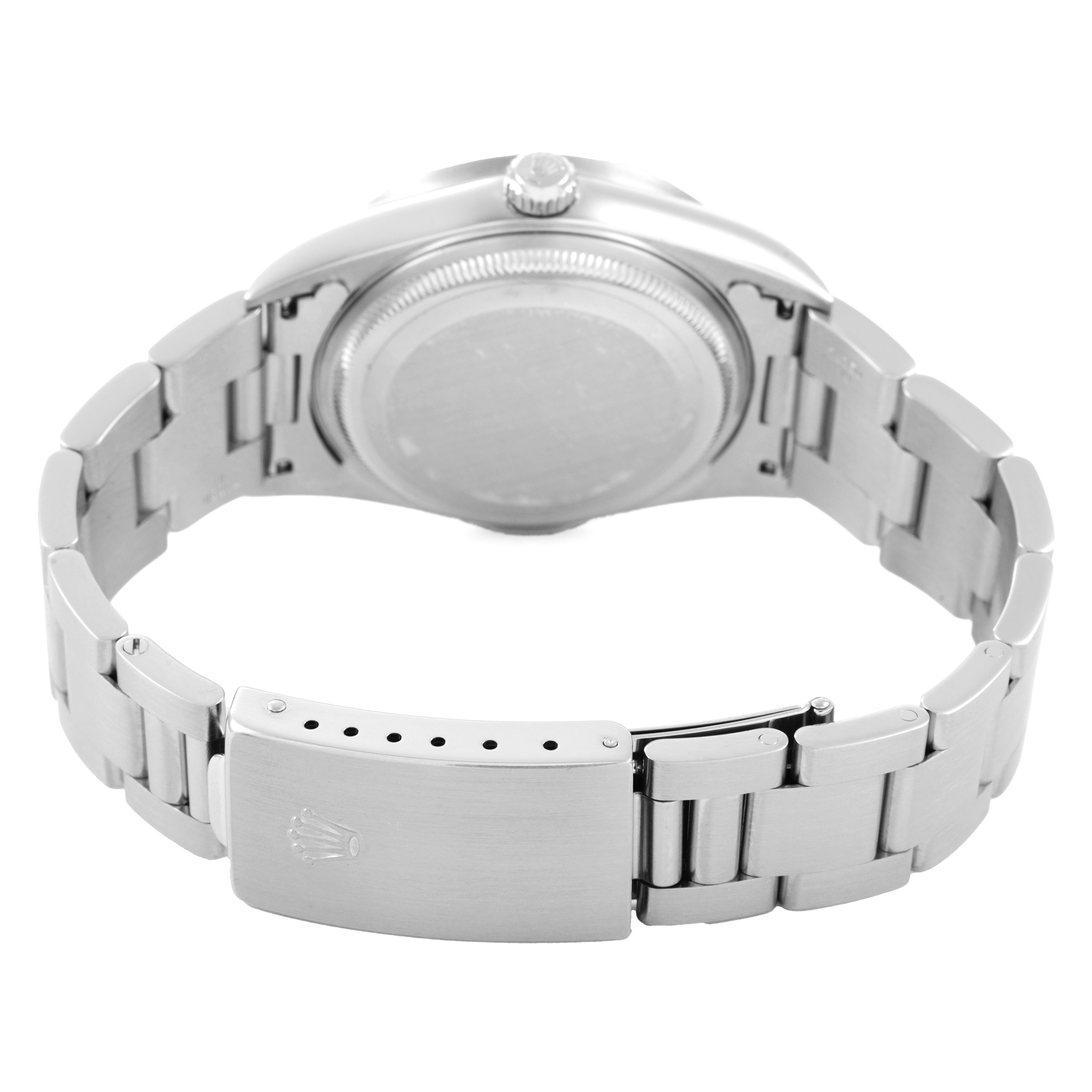The image shows the back view of the Rolex Air-King 14010 Men's Stainless Steel Pink Dial, highlighting the case back, bracelet, and clasp.