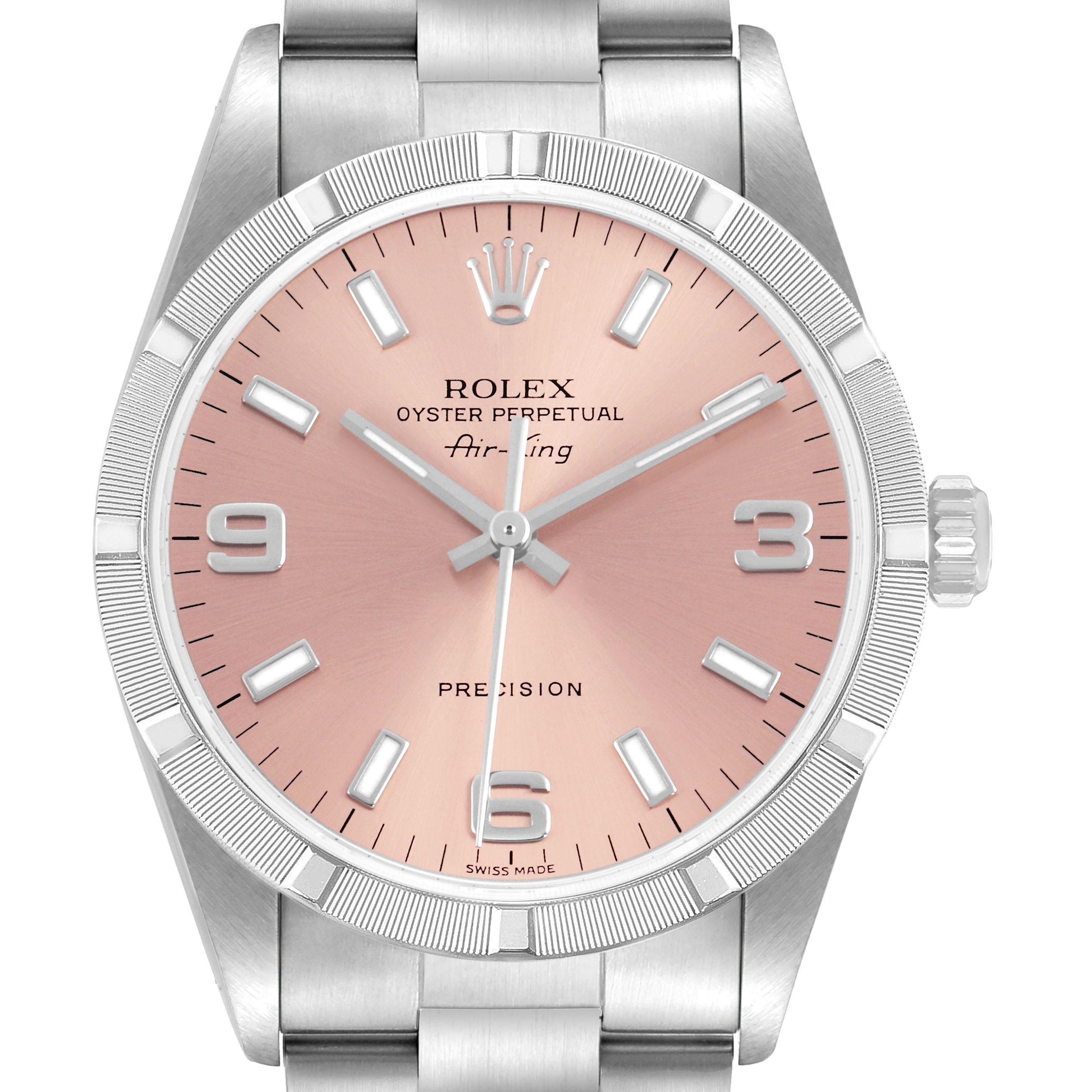 The Rolex Air-King 14010 Men's Stainless Steel Pink Dial watch is shown from the front, displaying the dial, bezel, crown, and part of the bracelet.