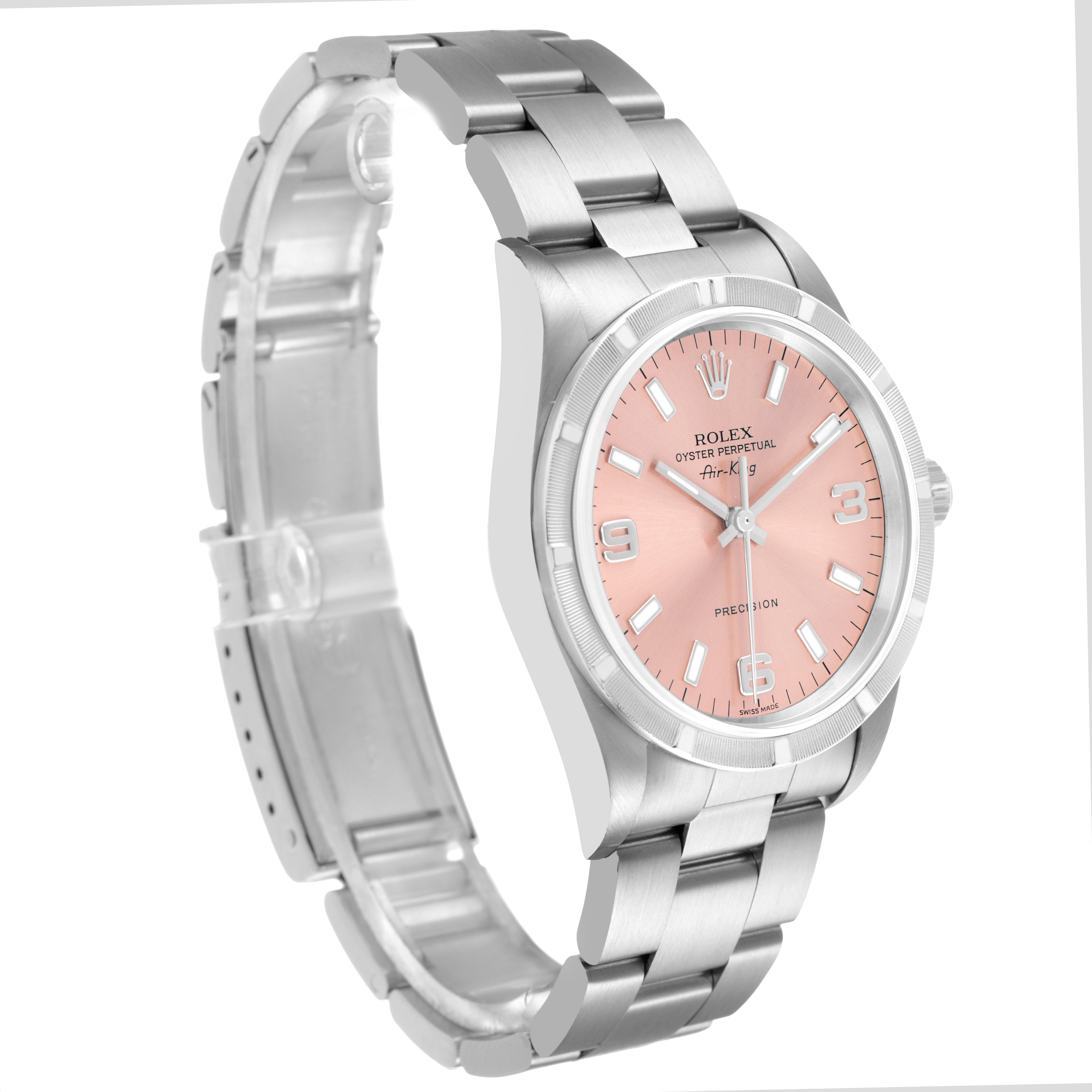 The Rolex Air-King 14010 Men's Stainless Steel Pink Dial watch is shown at a three-quarter angle, displaying the pink dial, bezel, case, and bracelet.