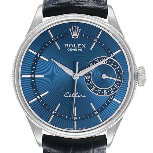 The Rolex Cellini 50519 Men's White Gold Blue Dial watch is shown from a front angle, highlighting its blue dial, markers, subdial, and crown.