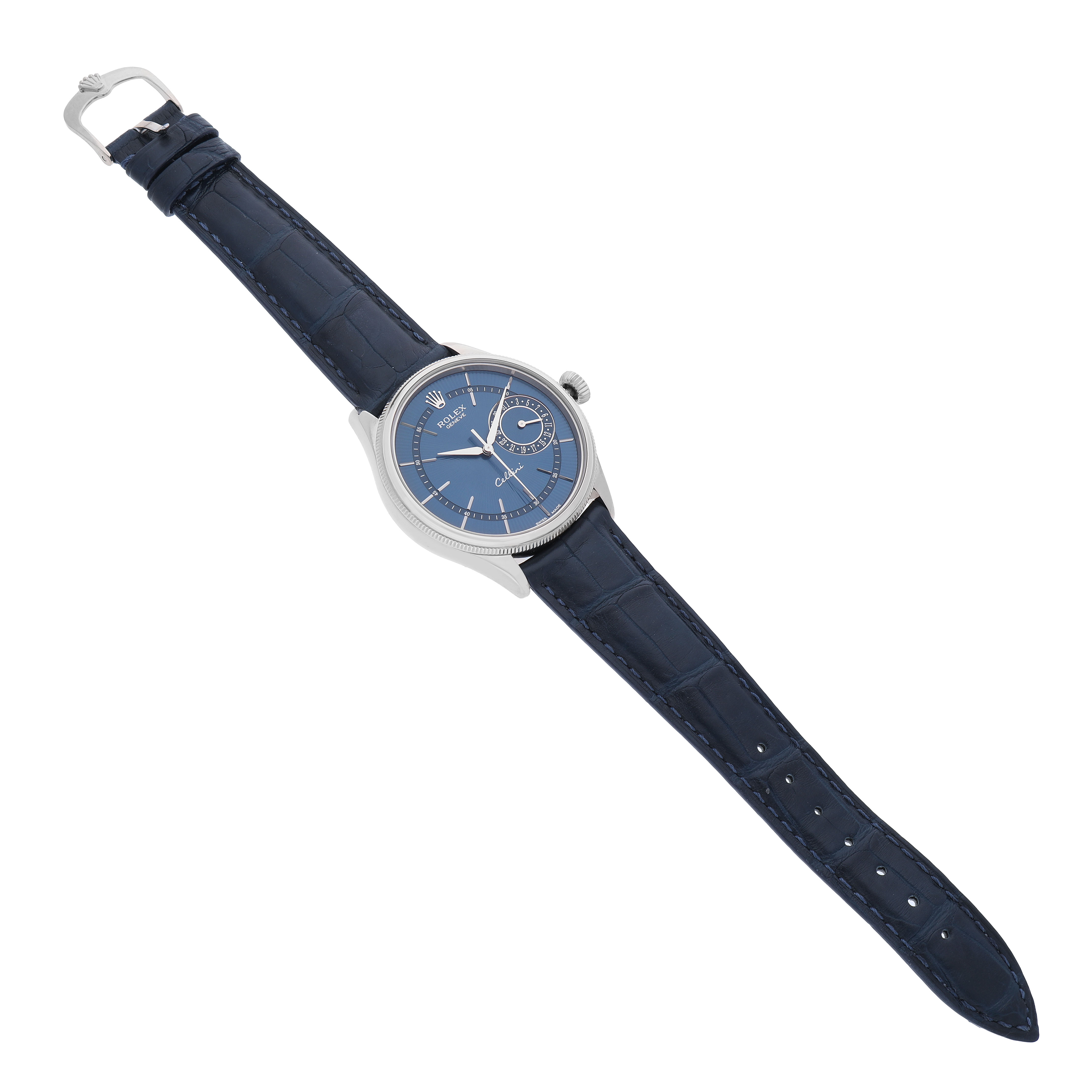 The Rolex Cellini 50519 Men's White Gold Blue Dial watch is shown at a slightly tilted angle, displaying the face, crown, and blue leather strap.