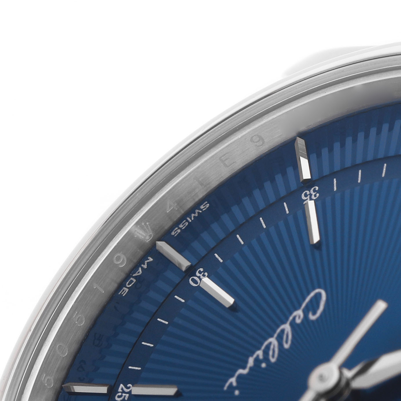 The image shows a partial close-up of the blue dial and silver markers on a Rolex Cellini 50519 Men's White Gold Blue Dial watch, focusing on the 25 to 40-minute markers.
