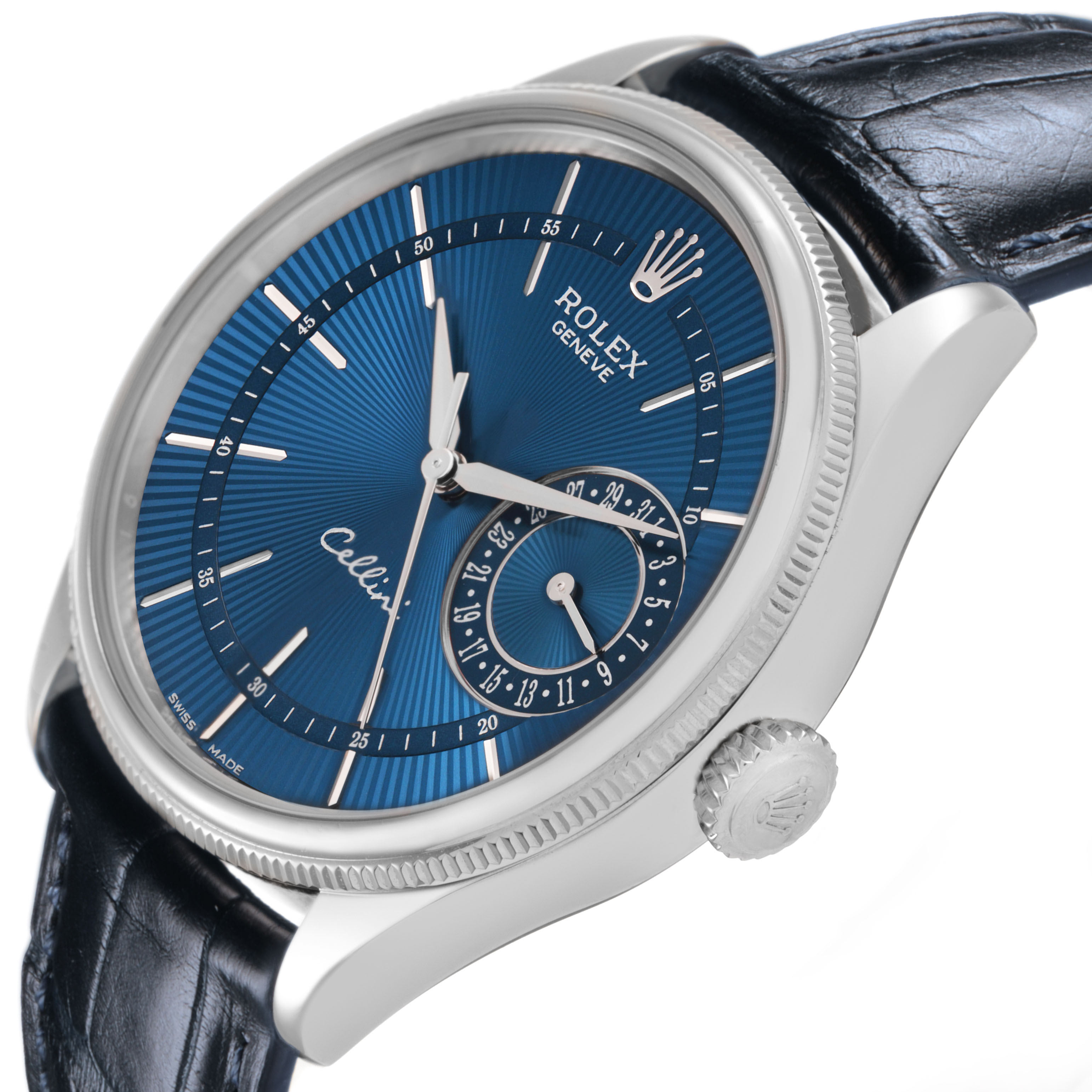 The Rolex Cellini 50519 Men's White Gold Blue Dial watch is shown at a slight angle, highlighting its blue dial, crown, and black leather strap.