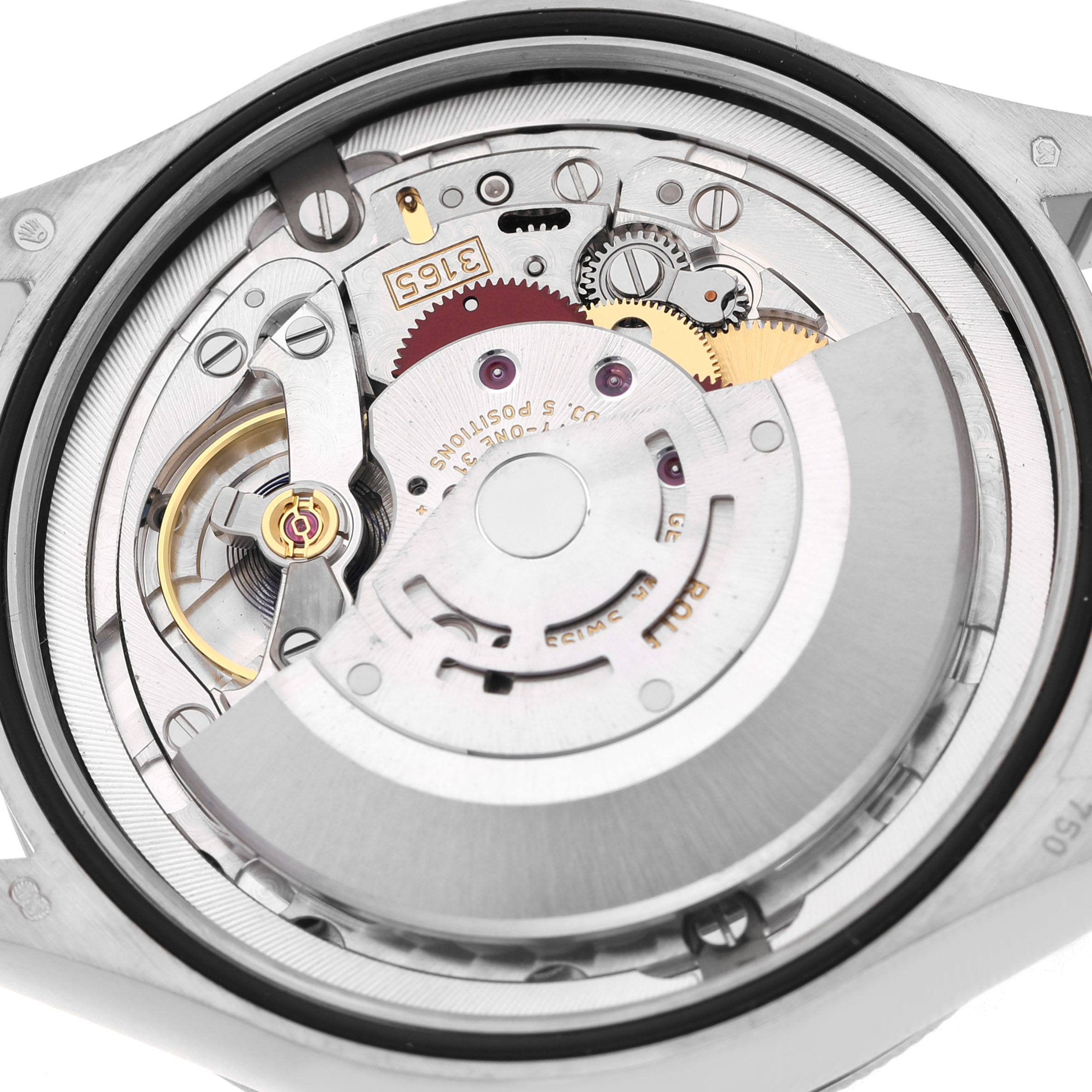 The image shows the movement of a Rolex Cellini 50519 Men's White Gold Blue Dial watch from the back, showcasing gears and the oscillating mechanism.