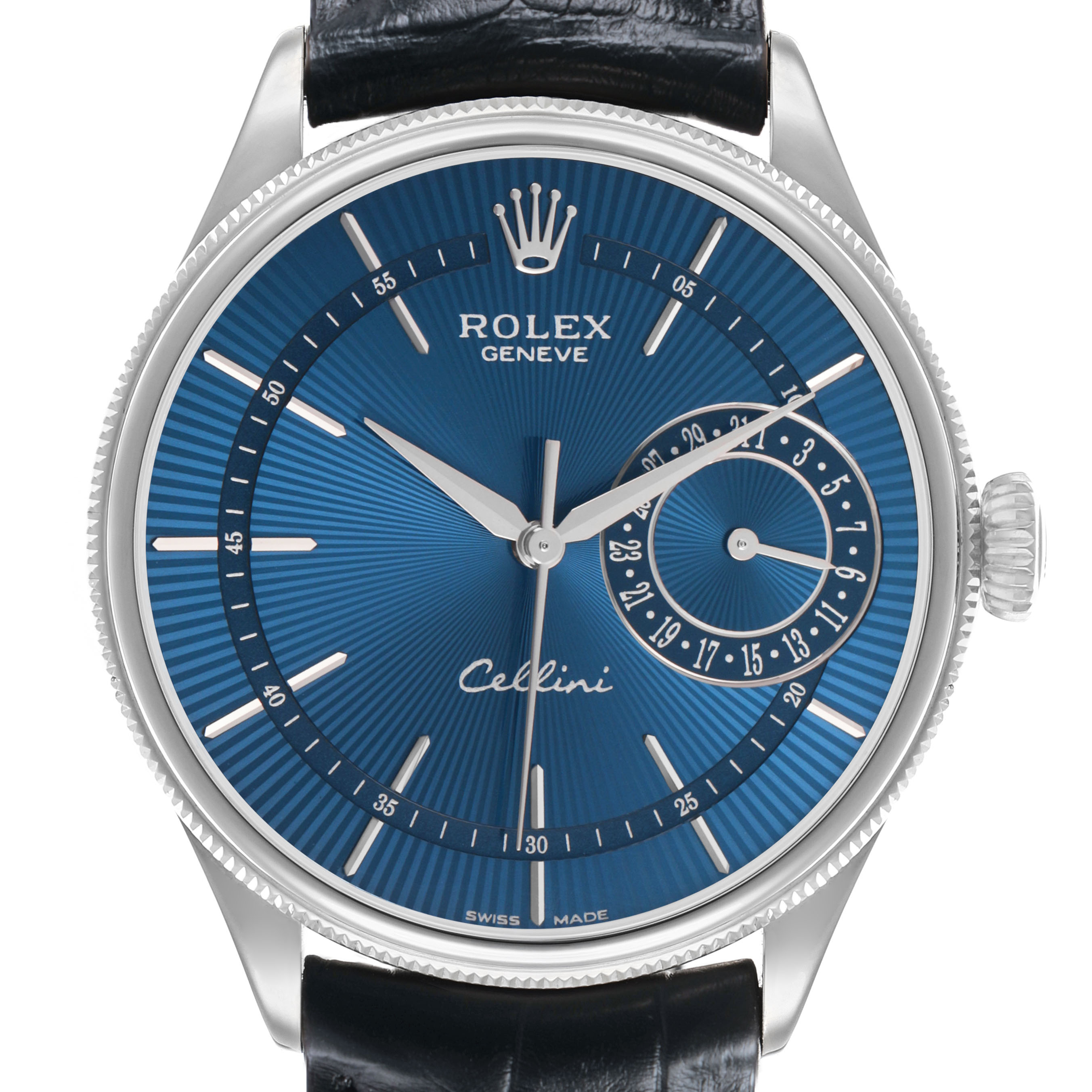 The Rolex Cellini 50519 Men's White Gold Blue Dial watch is shown from the front, highlighting the dial, hands, subdial, crown, and part of the strap.