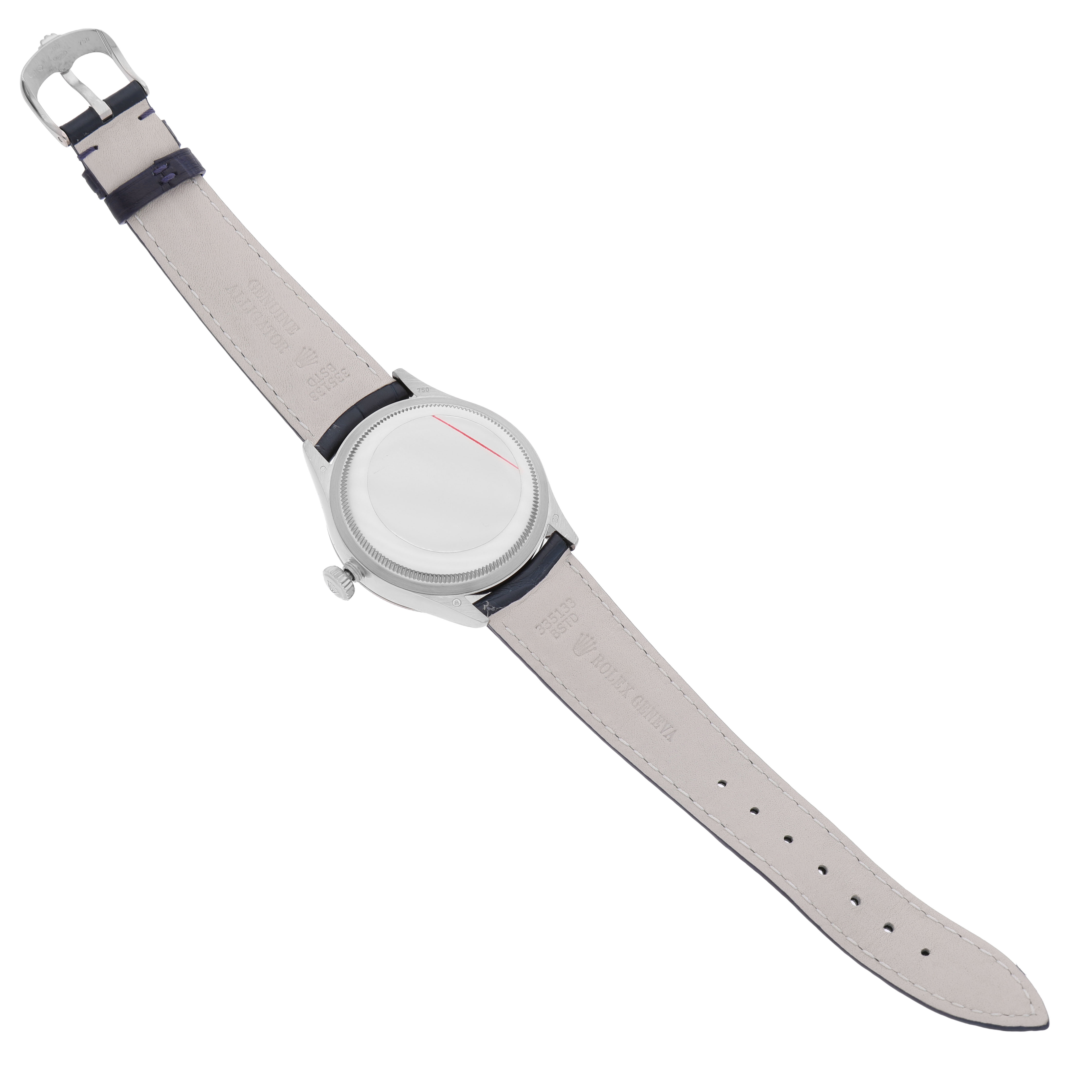 The Rolex Cellini 50519 Men's White Gold Blue Dial watch is shown from the back, displaying the case back and leather strap with buckle.