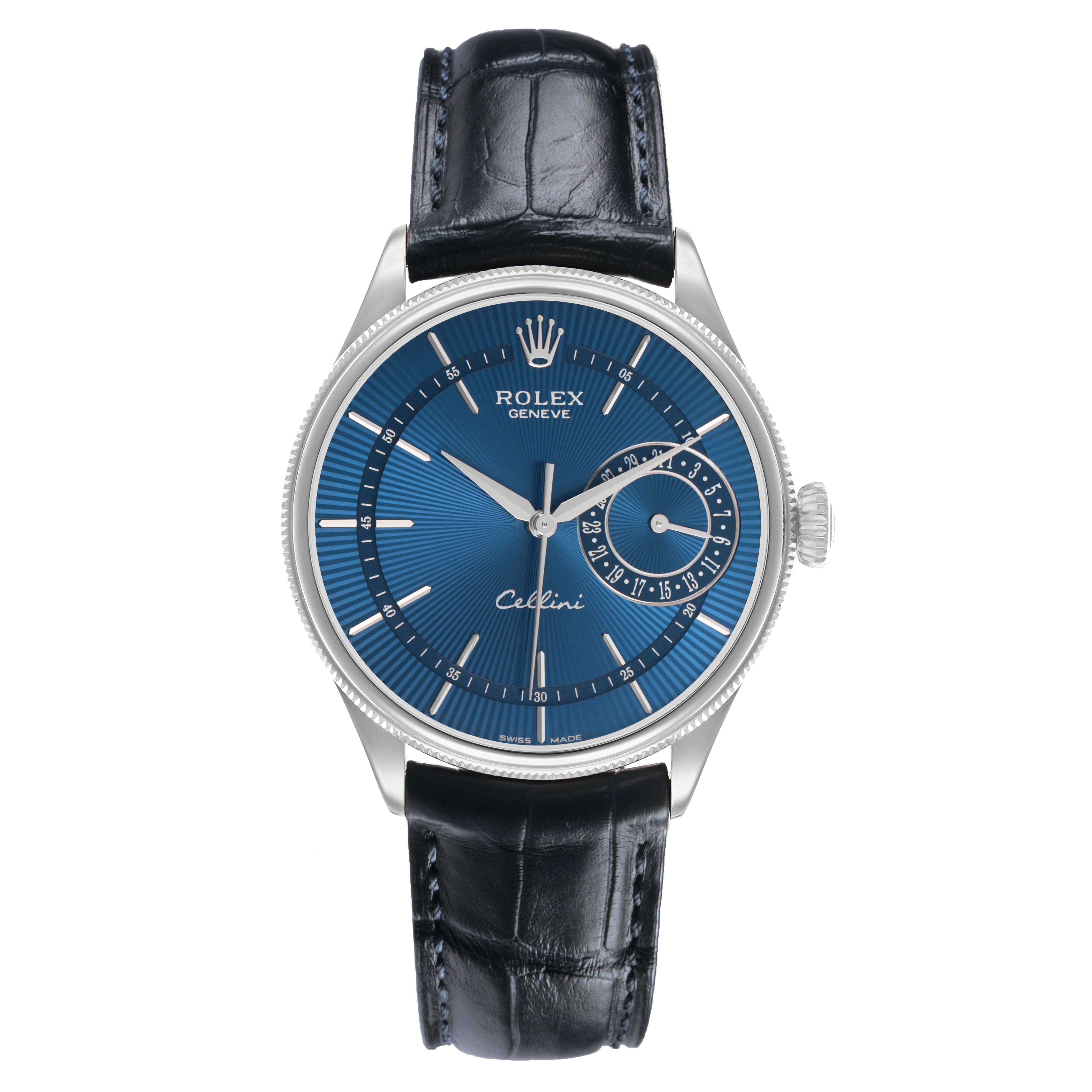 The Rolex Cellini 50519 Men's White Gold Blue Dial watch is shown from the front, displaying the blue dial, markers, hands, date subdial, and black leather strap.