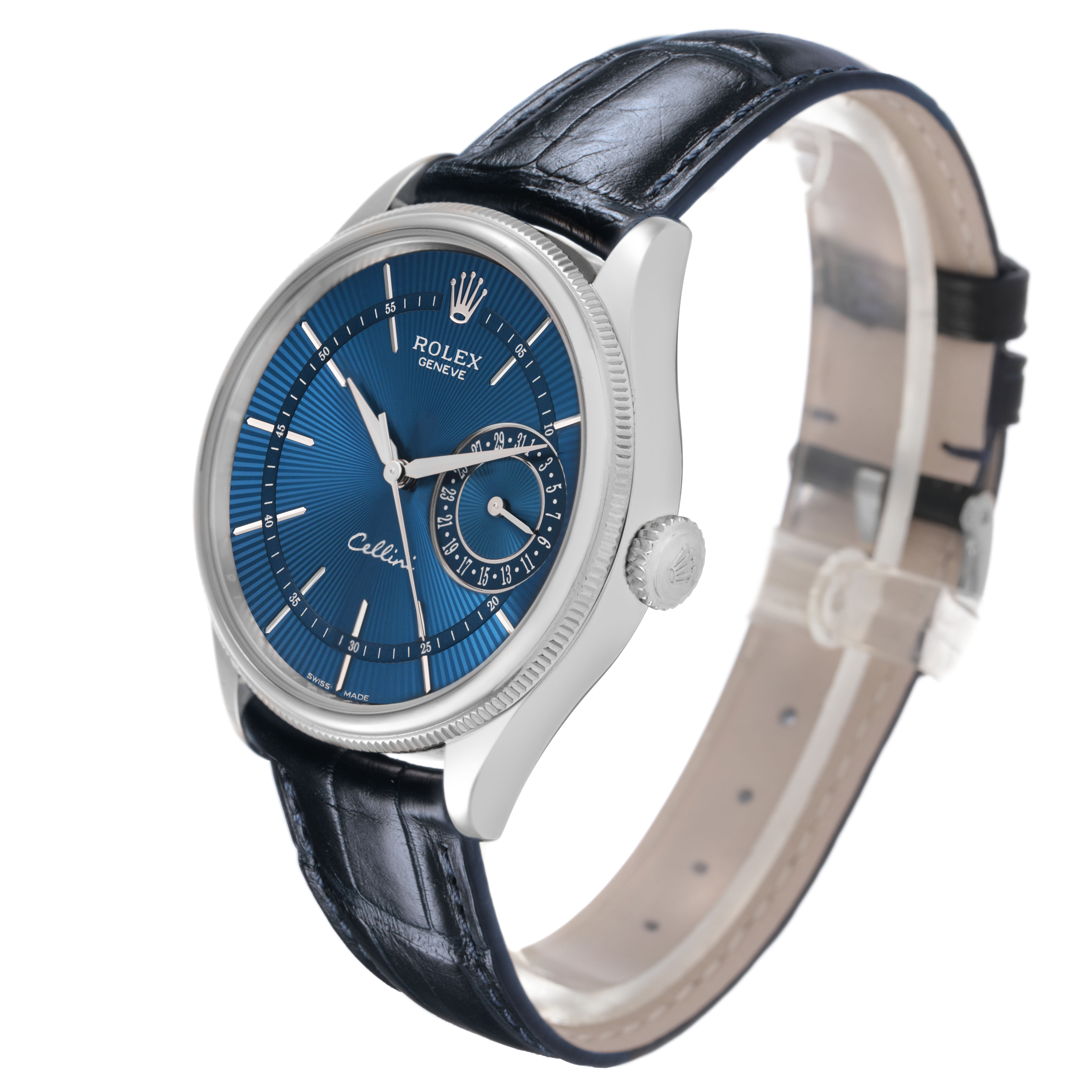 The watch, a Rolex Cellini 50519 Men's White Gold Blue Dial model, is shown at a three-quarter angle, displaying the face, case, crown, and leather strap.