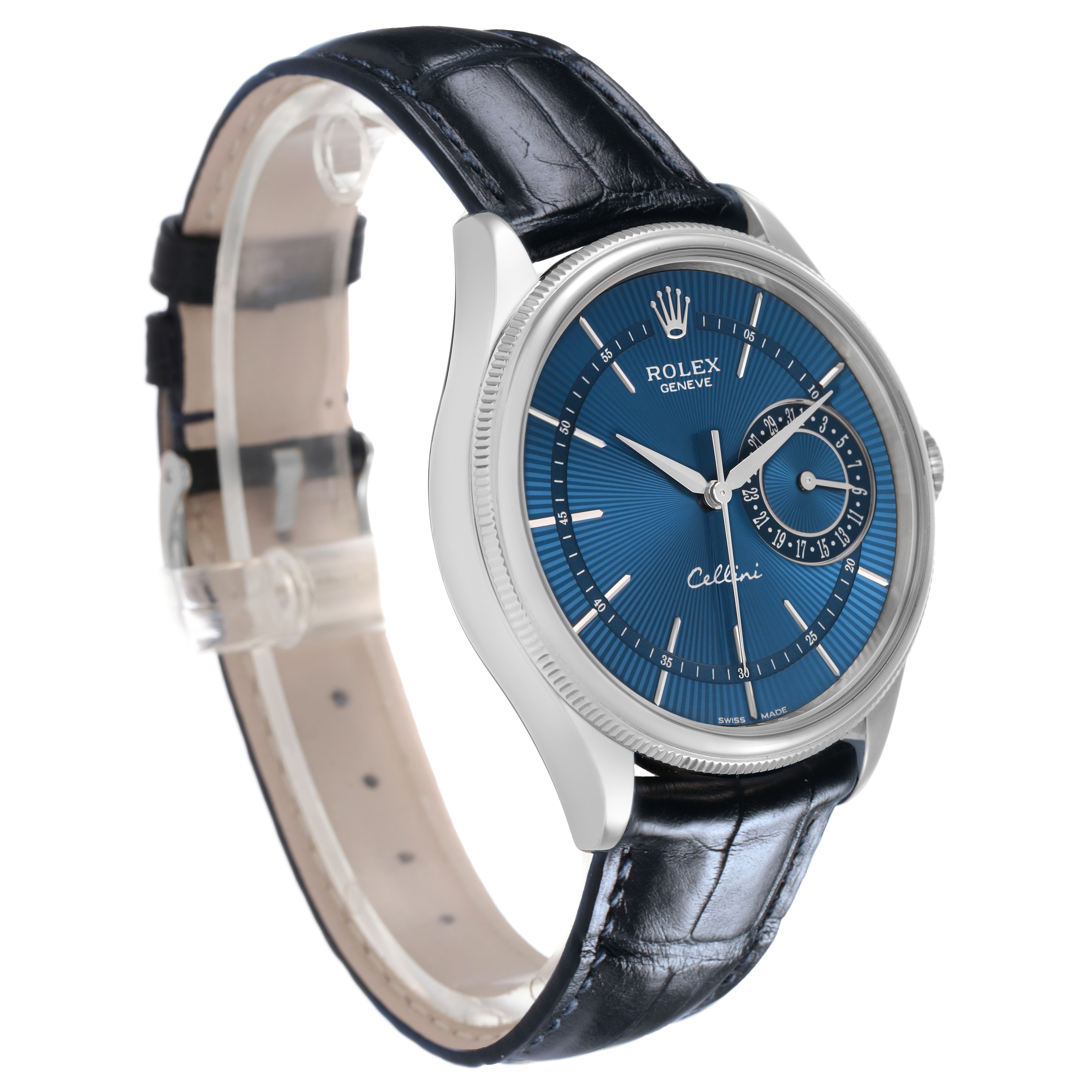 The Rolex Cellini 50519 Men's White Gold Blue Dial watch is shown at a side angle, highlighting the blue dial, stainless steel case, and black leather strap.