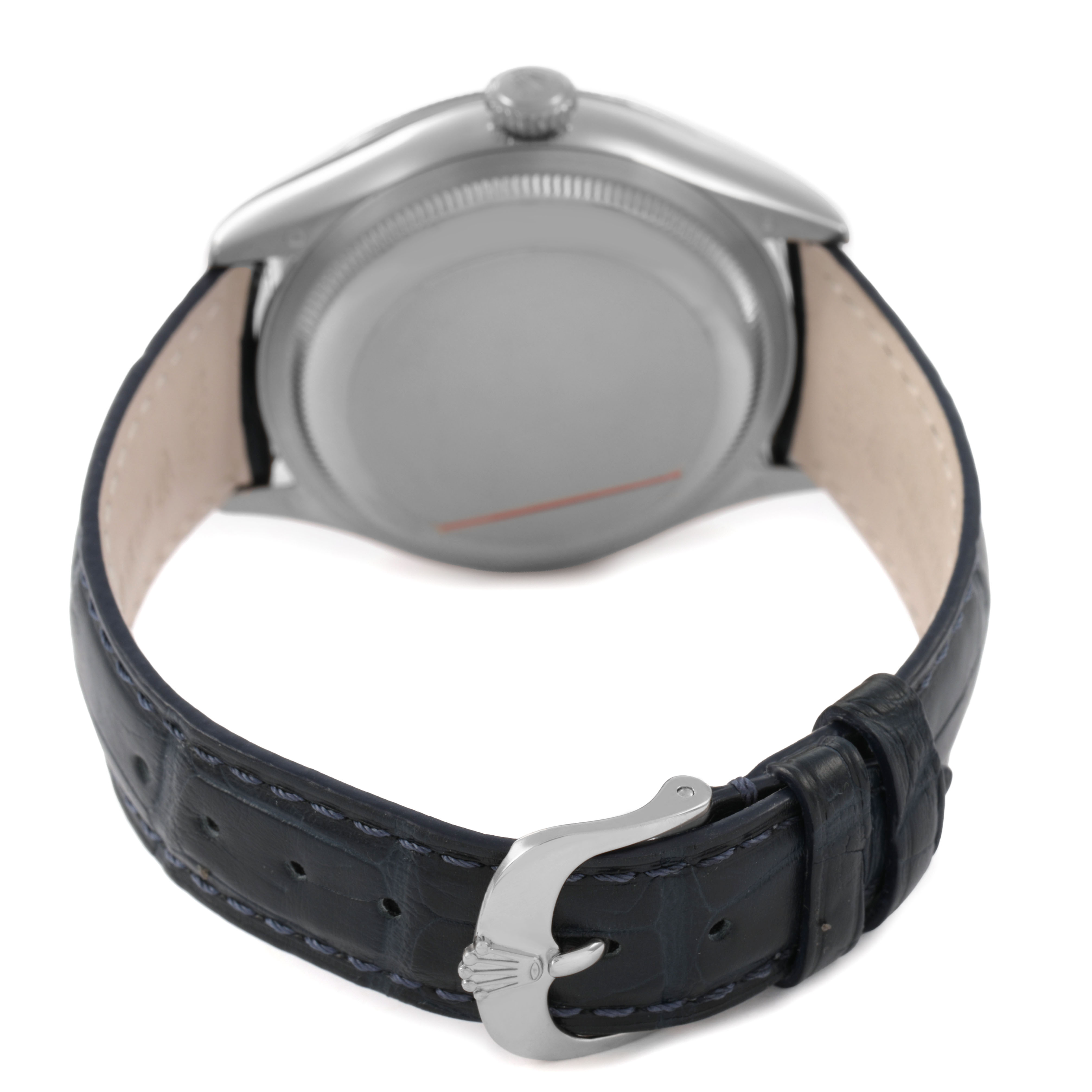This image shows the back case and clasp of the Rolex Cellini 50519 Men's White Gold Blue Dial watch, with a focus on the leather strap and buckle.