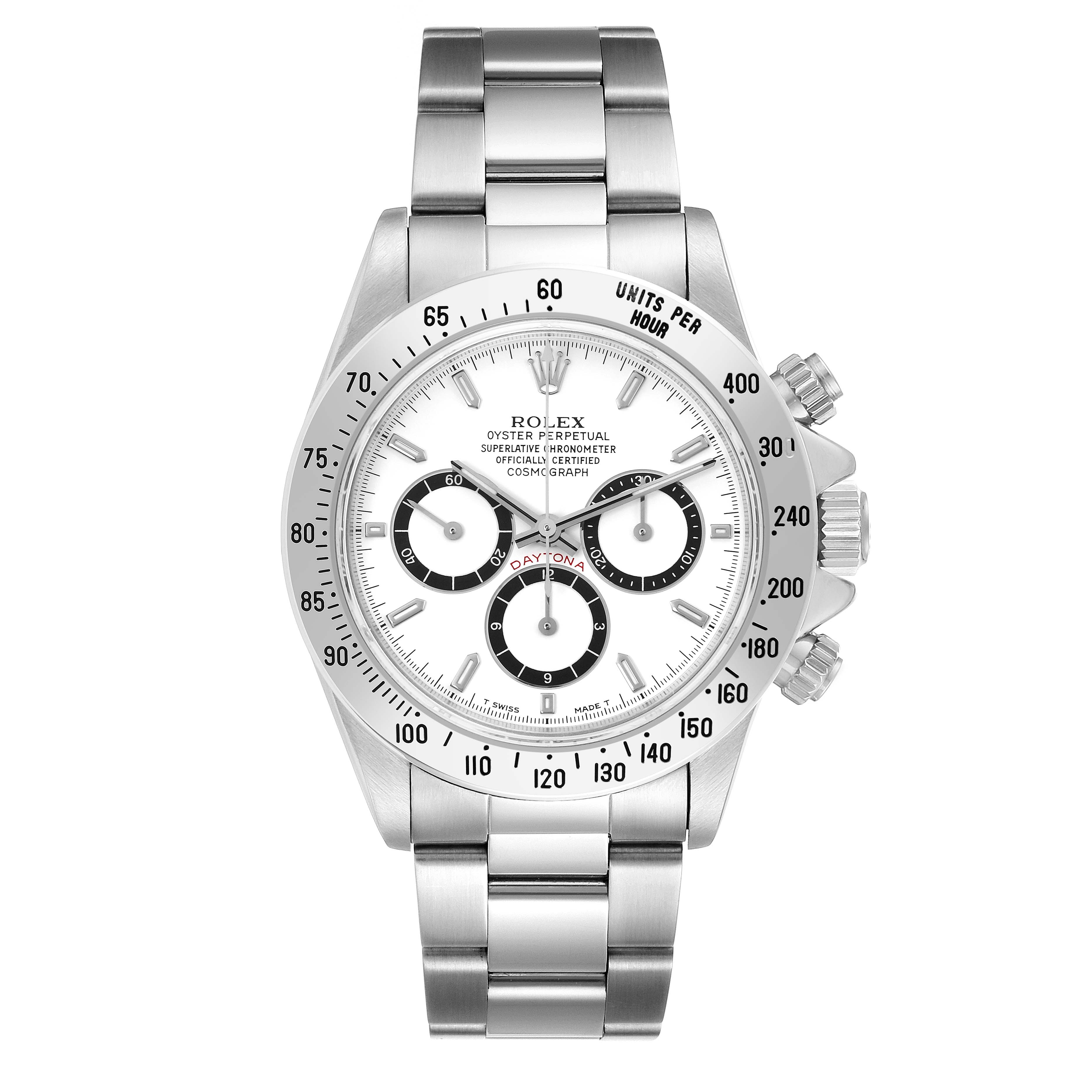The Rolex Daytona 16520 Men's Stainless Steel White Dial 16520 Men's Stainless Steel White Dial watch is shown from a front angle, displaying the face, bezel, crown, and full bracelet.