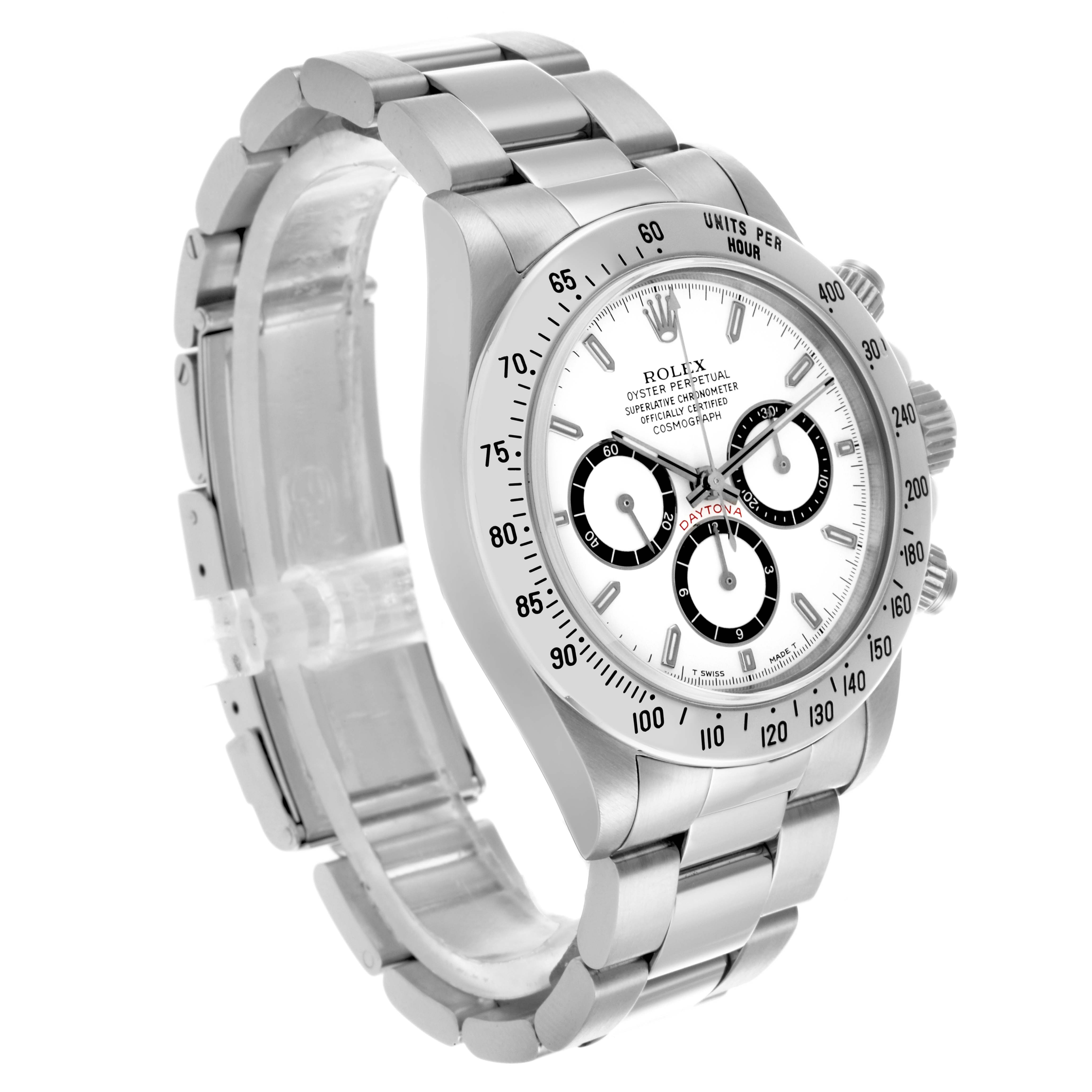 The Rolex Daytona 16520 Men's Stainless Steel White Dial 16520 Men's Stainless Steel White Dial watch is shown at a slight angle, revealing the face, bezel, pushers, and stainless steel bracelet.