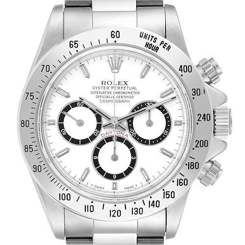 The image shows a frontal view of a Rolex Daytona watch, highlighting the dial, bezel, and chronograph subdials.