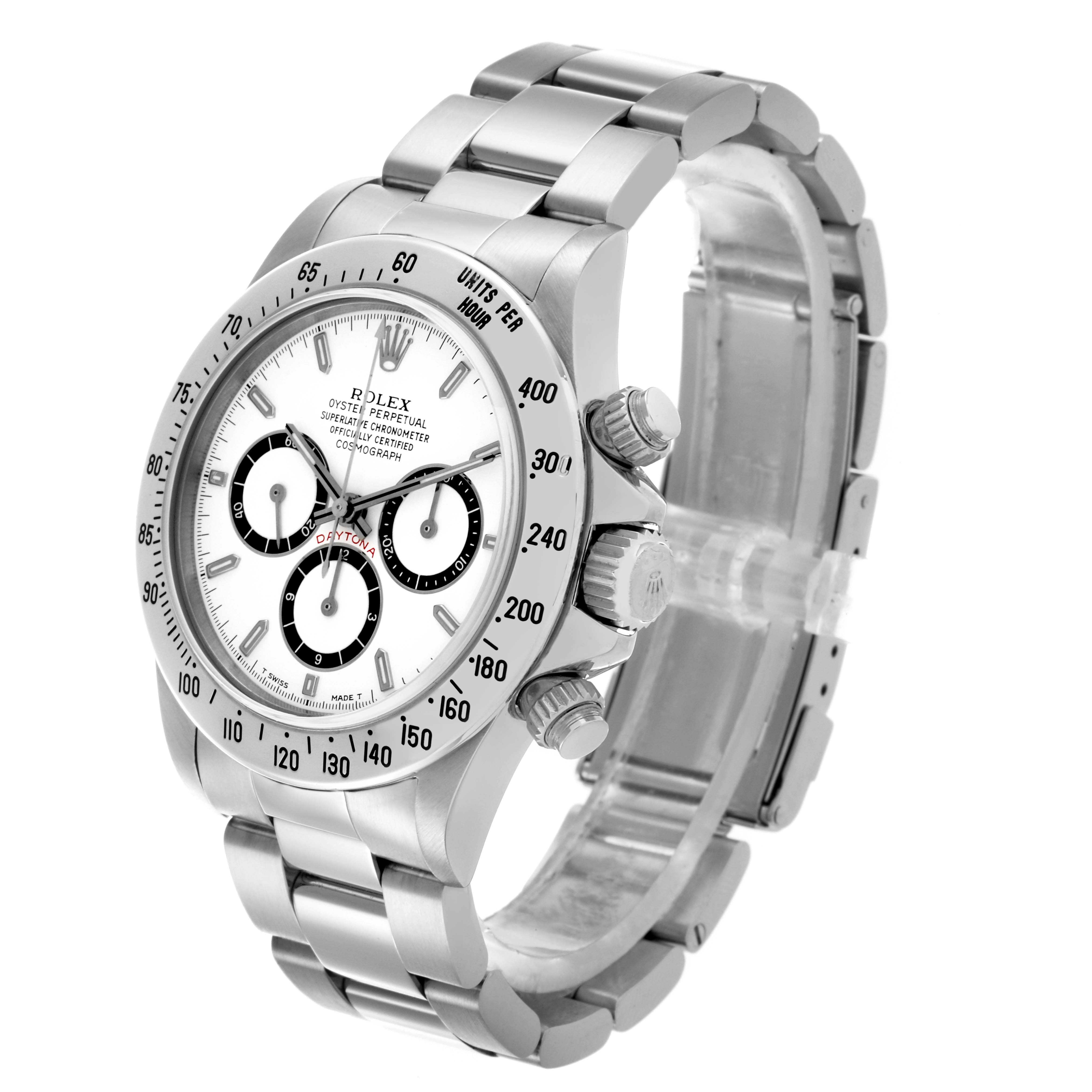 The Rolex Daytona 16520 Men's Stainless Steel White Dial 16520 Men's Stainless Steel White Dial watch is shown at a three-quarter angle, highlighting the face, bezel, pushers, and bracelet.