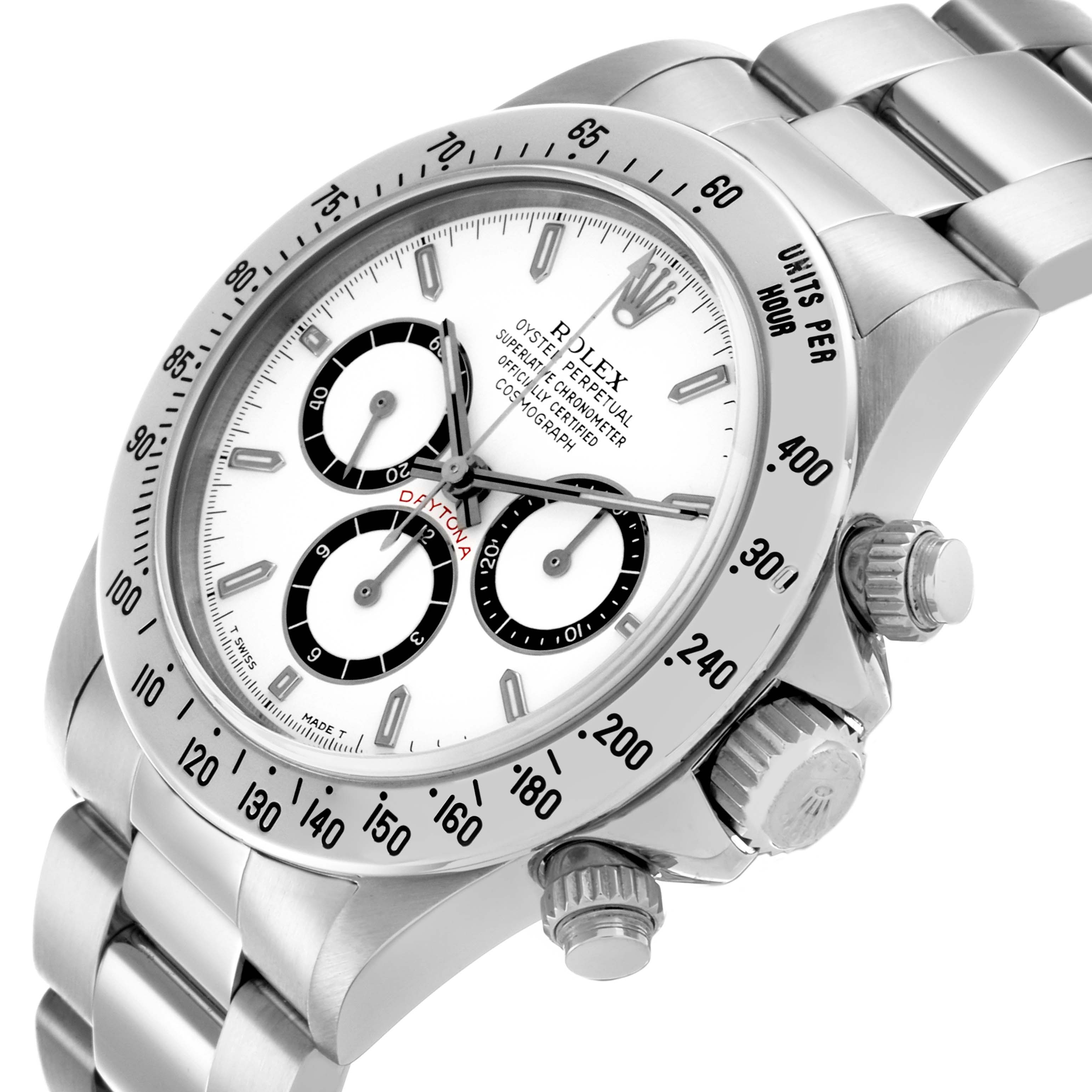 The Rolex Daytona 16520 Men's Stainless Steel White Dial 16520 Men's Stainless Steel White Dial watch is shown at an angled view, highlighting the bezel, crown, and dial with its sub-dials.